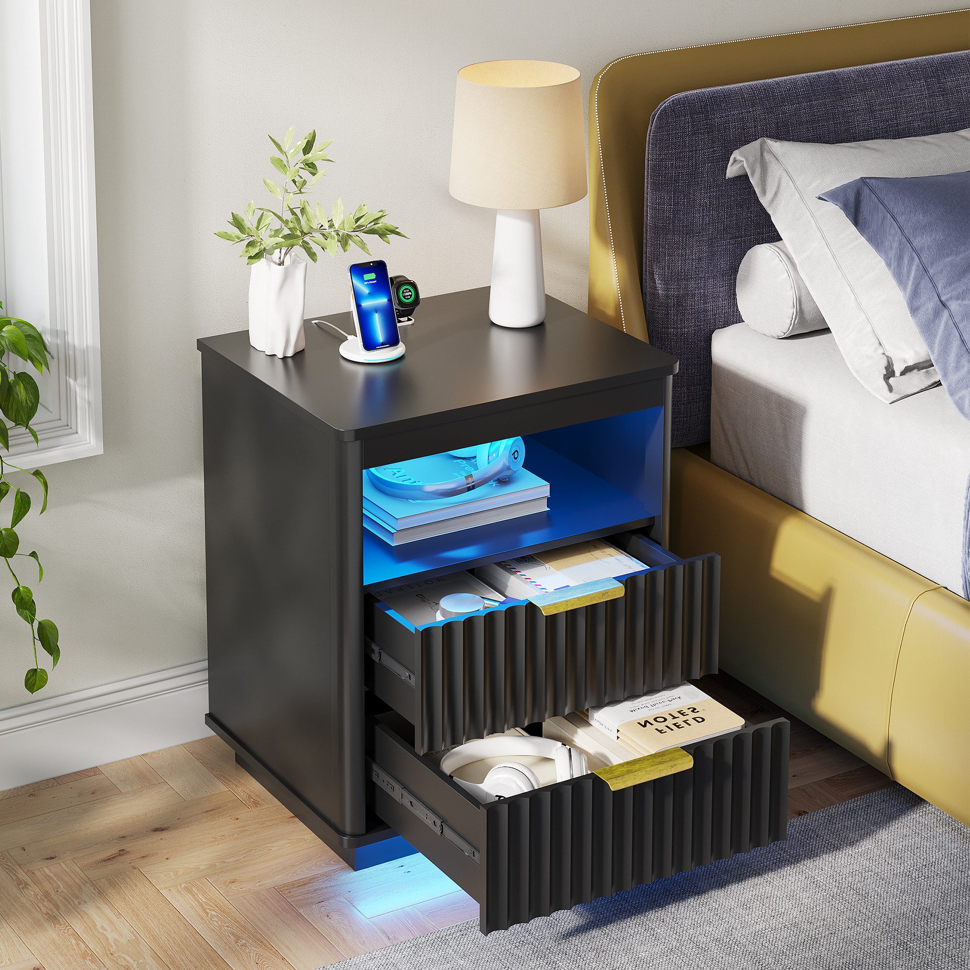 LVSOMT Nachttisch LED Nachttisch für Schlafzimmer mit Ladefunktion und 2 Sc günstig online kaufen