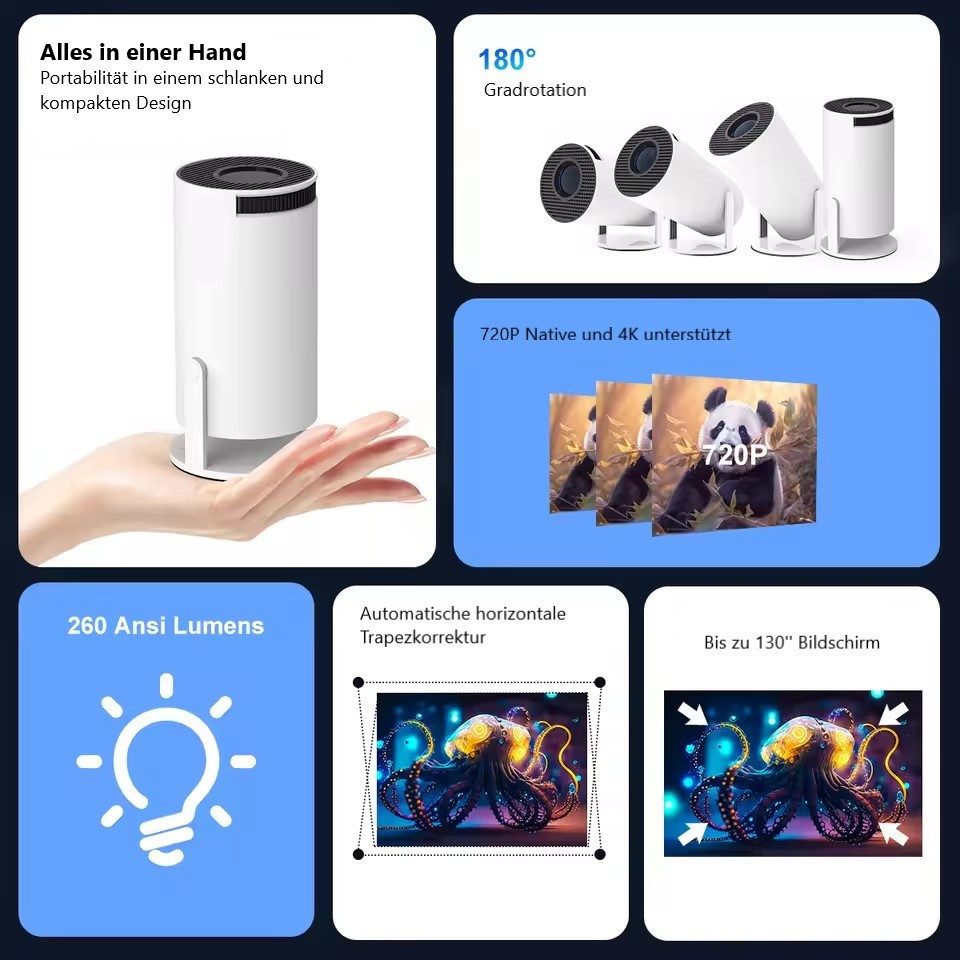 Montegoni HY300 4K Portable Projector – Android 11, Dual WiFi6, 260 ANSI, BT5.0 Portabler Projektor (8000 lm, 10000:1, Optische Auflösung 1280x720dpi, Tragbar)