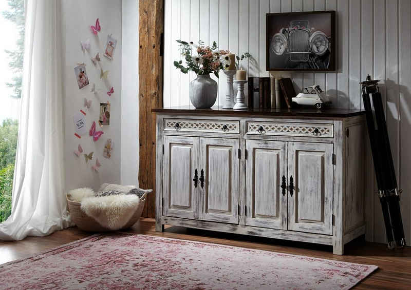 Massivmoebel24 Sideboard CASTLE-ANTIK (Stilvolles Sideboard mit Türen und Schubladen, romantische Schnitzereien, weiß und braun gewachst 150x45x90 Mango / Akazie montiert), romantisch, Landhausstil, aufwendige Schnitzereien und Verzierungen, detailreich und stilvoll, dekorativer Kranz auf Oberseite