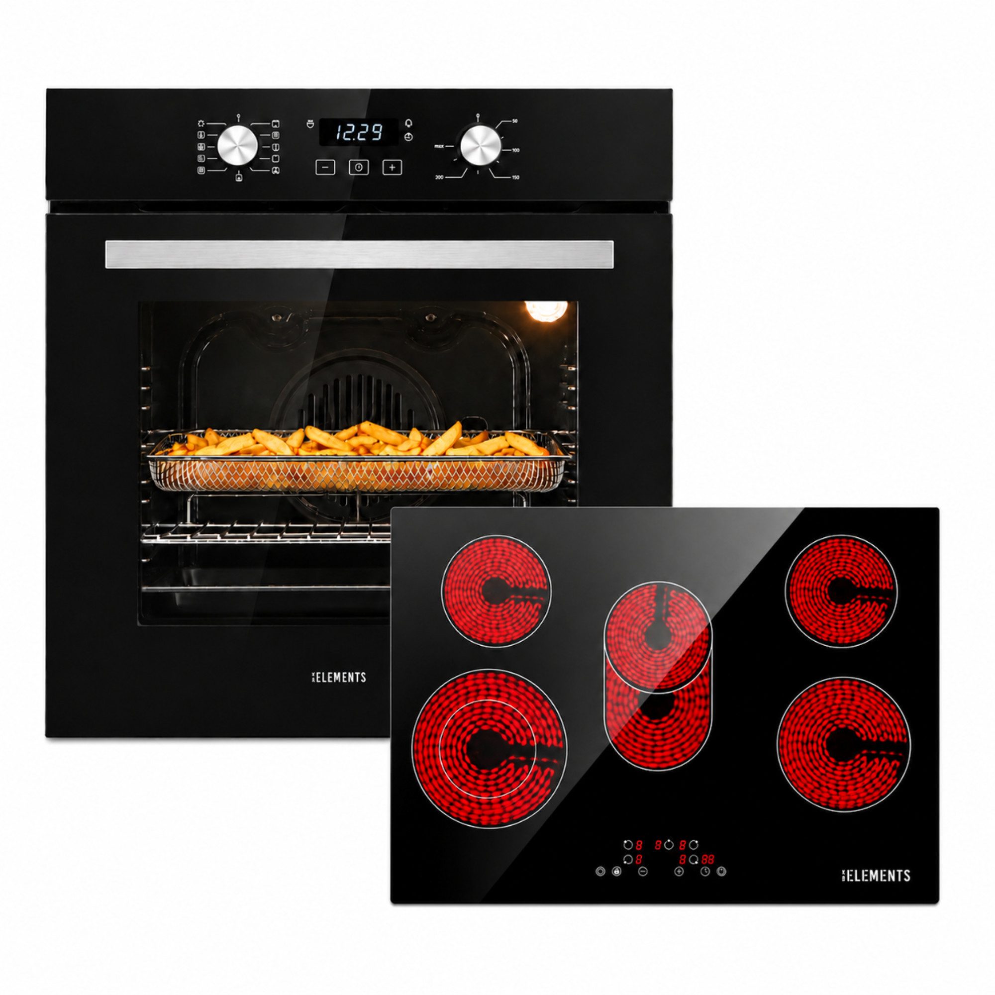 KB Elements Backofen-Set Einbaubackofen 60 cm mit 5-Zonen Glaskeramik Kochfeld 77 cm, Steam Clean, Air Fry, Steam Clean, Circle Fan Heater, 5 Kochzonen