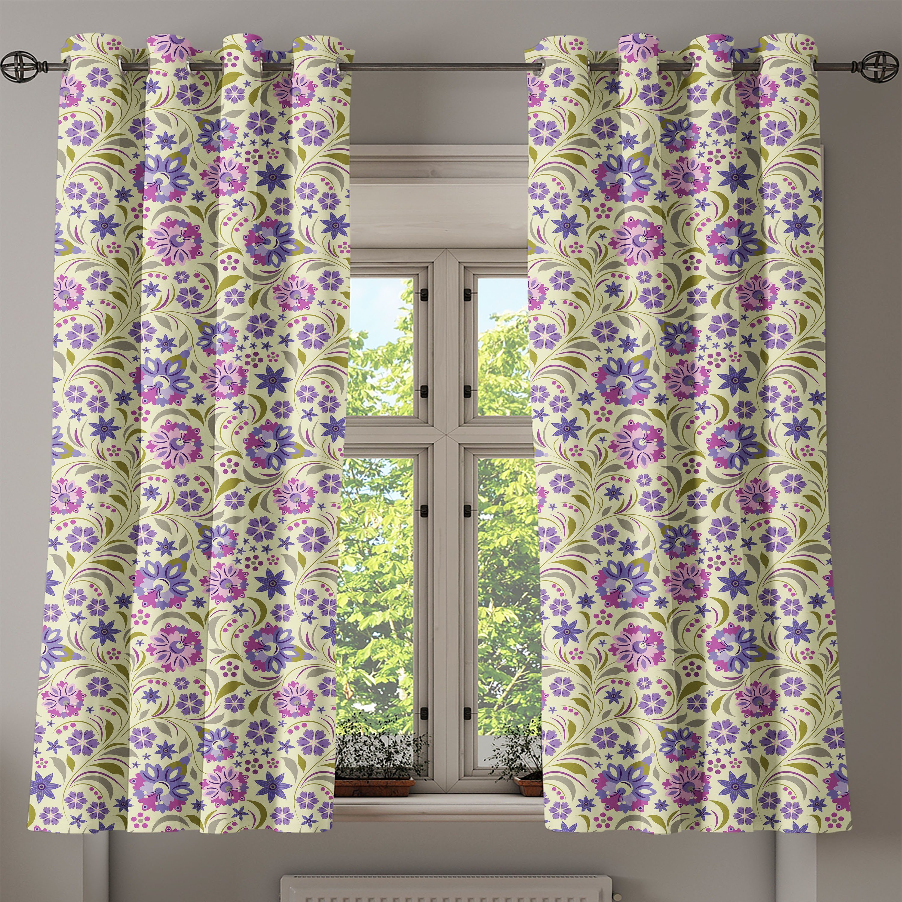 Gardine Abakuhaus, Garten-Kunst Wohnzimmer, Schlafzimmer 2-Panel-Fenstervorhänge getontes Blasses Muster für Dekorative