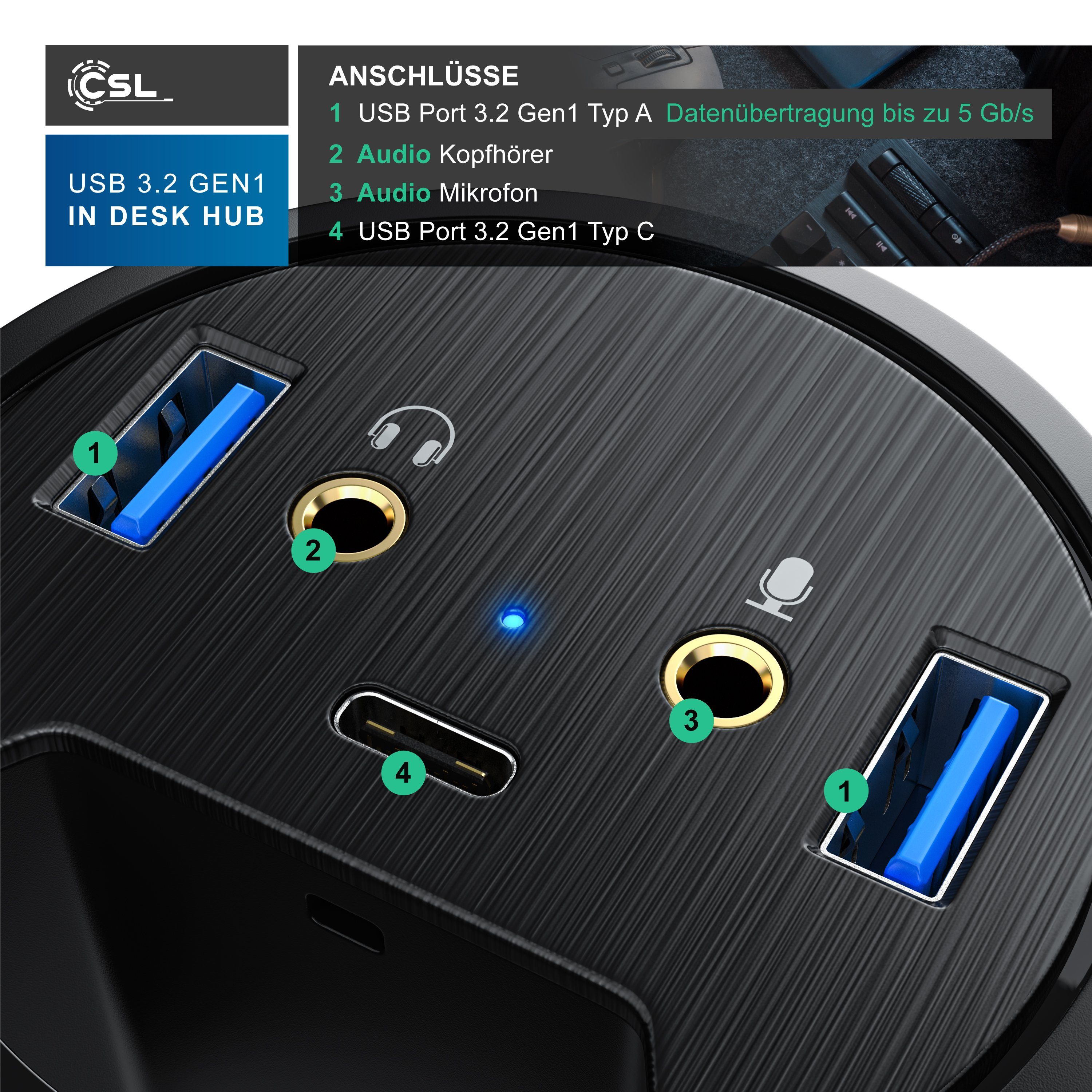 CSL Tisch Kabeldurchführung Hub 2x USB 3.2 Gen1 Typ A, 1x USB-C, 2x 3,5mm Computer-Adapter, Tischkabeldose, Klinke AUX Audioanschlüsse für Lautsprecher & Mikrofon