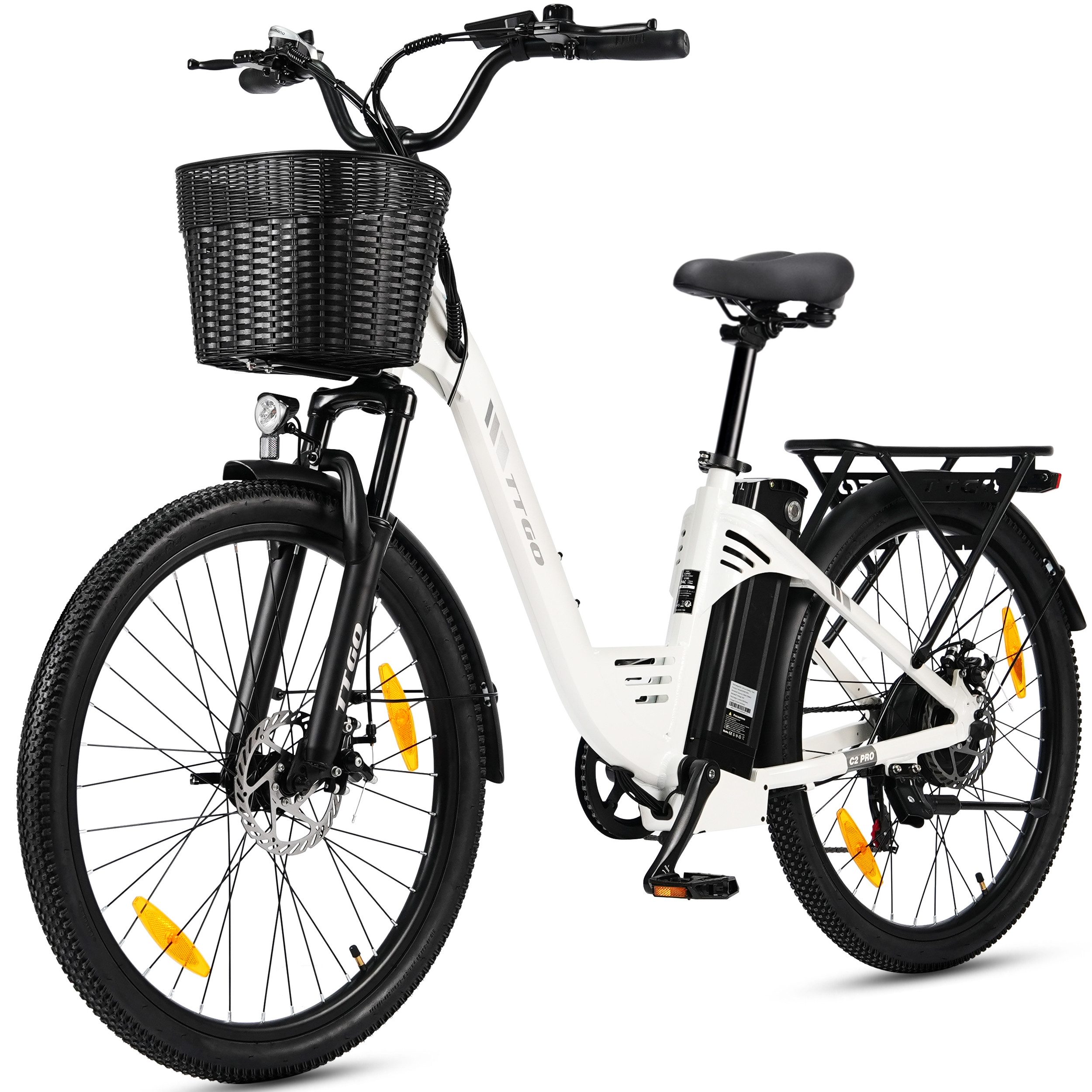 TTGO E-Bike Cityrad 26 Zoll Elektrofahrrad, 80-120km, mit Frontkorb und Gepäckträger, 7 Gang SHIMANO, Kettenschaltung, Heckmotor, 650 Wh, (bis zu 125kg, für ca. 160–185cm), 5 Stufen, Farbdisplay, Aluminiumrahmen, Federgabel, für Damen Herren
