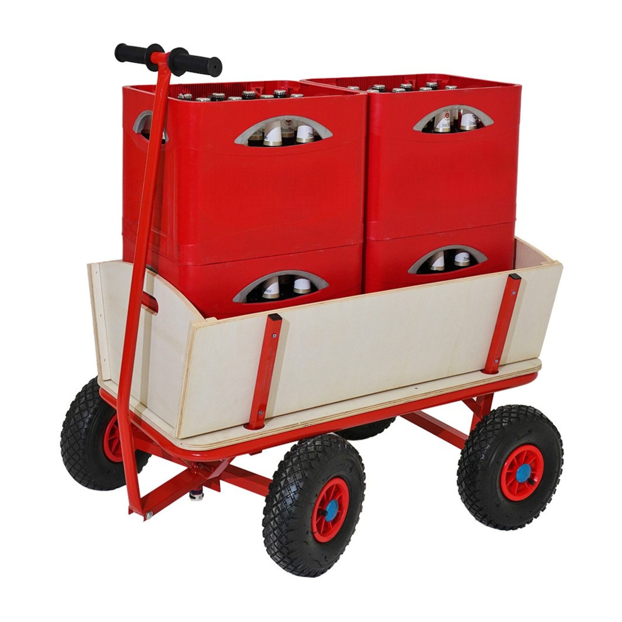 PROREGAL® Bollerwagen Handwagen Transportwagen BOLLY Pro HxBxT 97x60x94cm Traglast 150kg Rot, Robuster Handwagen mit abnehmbaren Seitenwänden 10-Zoll-Luftreifen