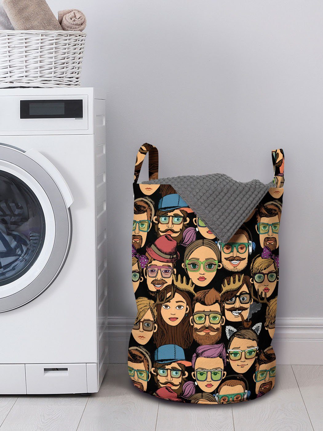 Wäschesäckchen Abakuhaus Waschsalons, Hipster Wäschekorb Geek mit Cartoon Griffen Kordelzugverschluss Mode für