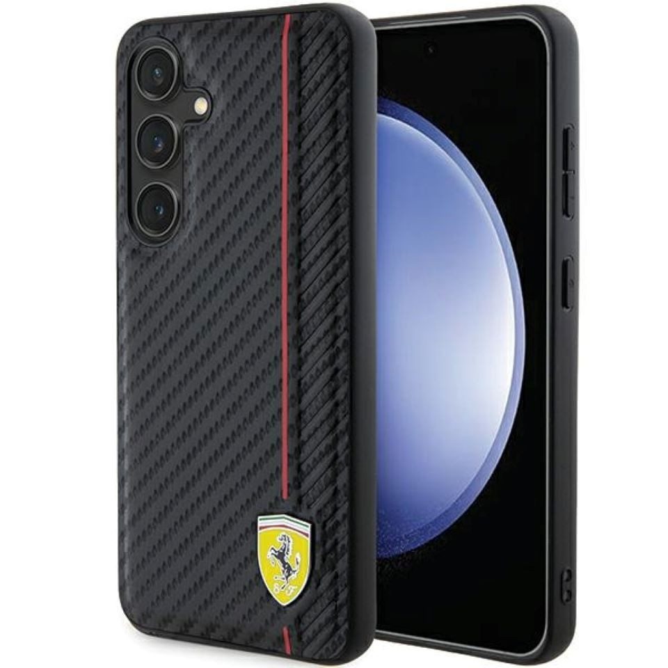 Ferrari Handyhülle Case Galaxy S24 Carbon-Look schwarz Logo Metall 6,2 Zoll, Kantenschutz