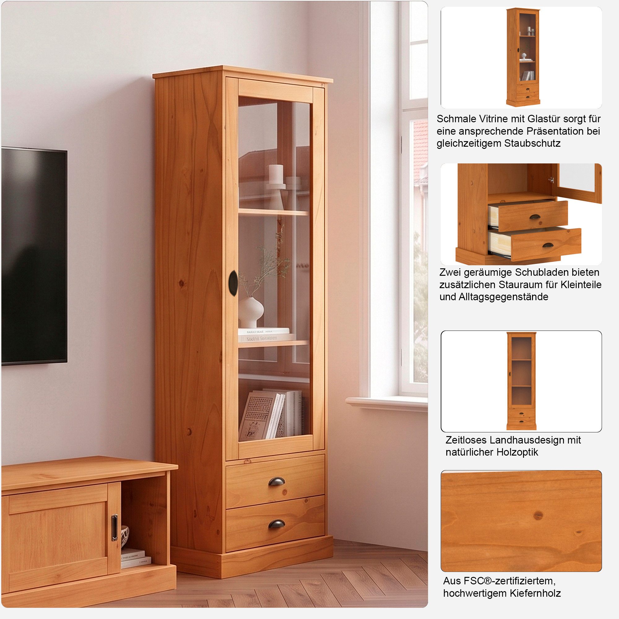 OTTO home Vitrine Schröder mit 1 Schiebetür, 2 Schubkästen, aus massivem Kiefernholz, Breite 55cm – Bild 3 von 5