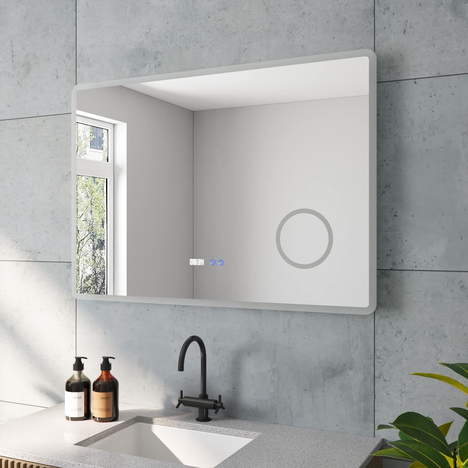 AQUABATOS Badspiegel LED Badezimmerspiegel mit Beleuchtung 100 / 120 cm Bad Antibeschlag (Packung), Badspiegel mit 3-Fach Vergrößerung, Digital Uhr, Dimmbar,Touchschalter