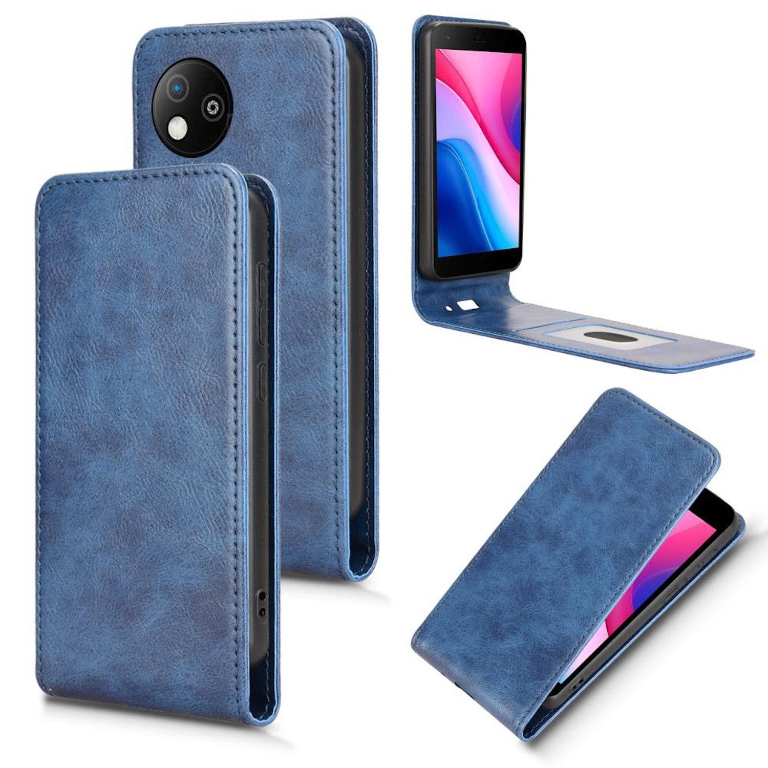 Wigento Handyhülle Für ZTE Blade A35 Lite Vertikale Flip Handy Tasche Hülle Cover Blau, Vertikales Flip Kunst-Leder Handyhülle mit Kartenfach
