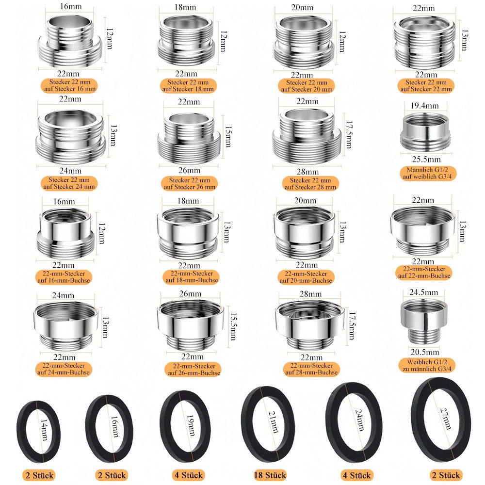 AFKSMILE Anschlussstück 16 Stück Wasserhahn-Adapter-Set, M22-Adapter für Küche mit Dichtungen, (16-tlg), Doppelgewinde-Wasserhahnadapter für Küchen-und Gartenschläuche,Messing