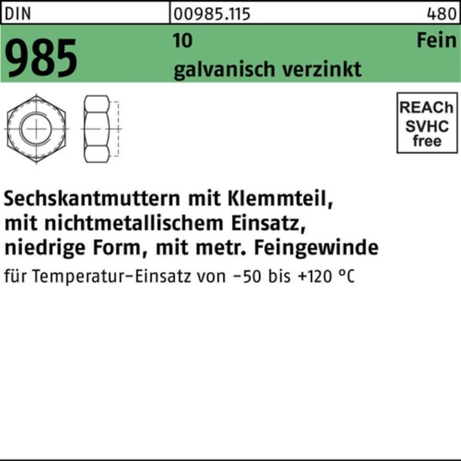 Reyher Muttern 100er Pack Sechskantmutter DIN 985 Klemmteil M8x 1 10 galv.verz. 100 S | Muttern