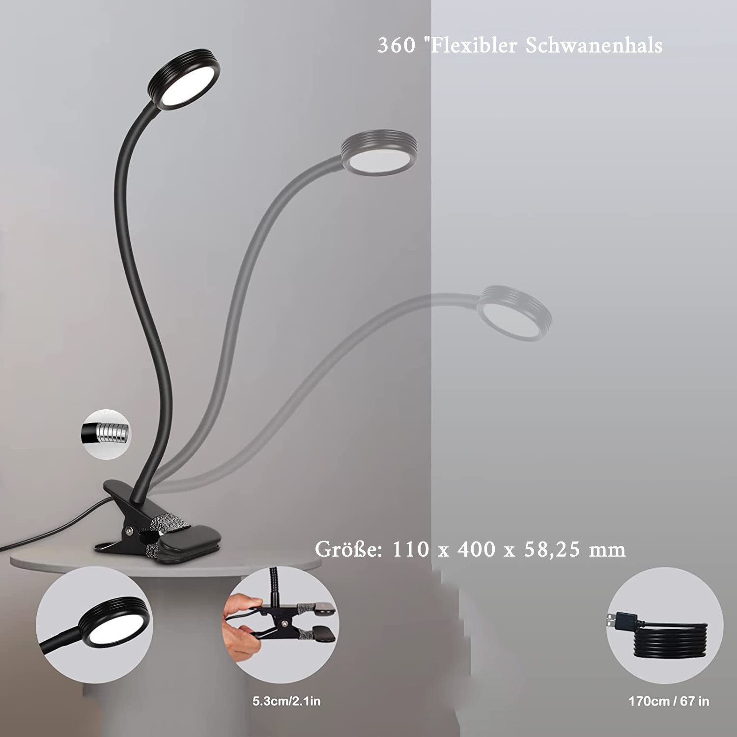 GelldG Schwanenhals LED schwarz Nachttischlampe, Leselampe, Leselampe Klemmleuchte LED
