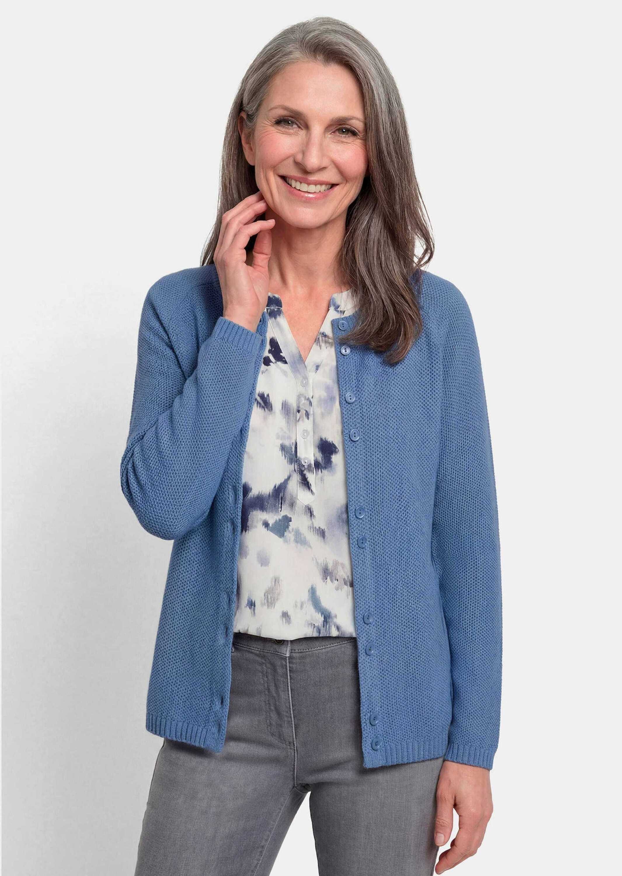 GOLDNER Strickjacke Cardigan aus Baumwolle, Rundhals Feinstrickjacke in raffinierter Piqué-Optik mit Rundhals, Knopfleiste