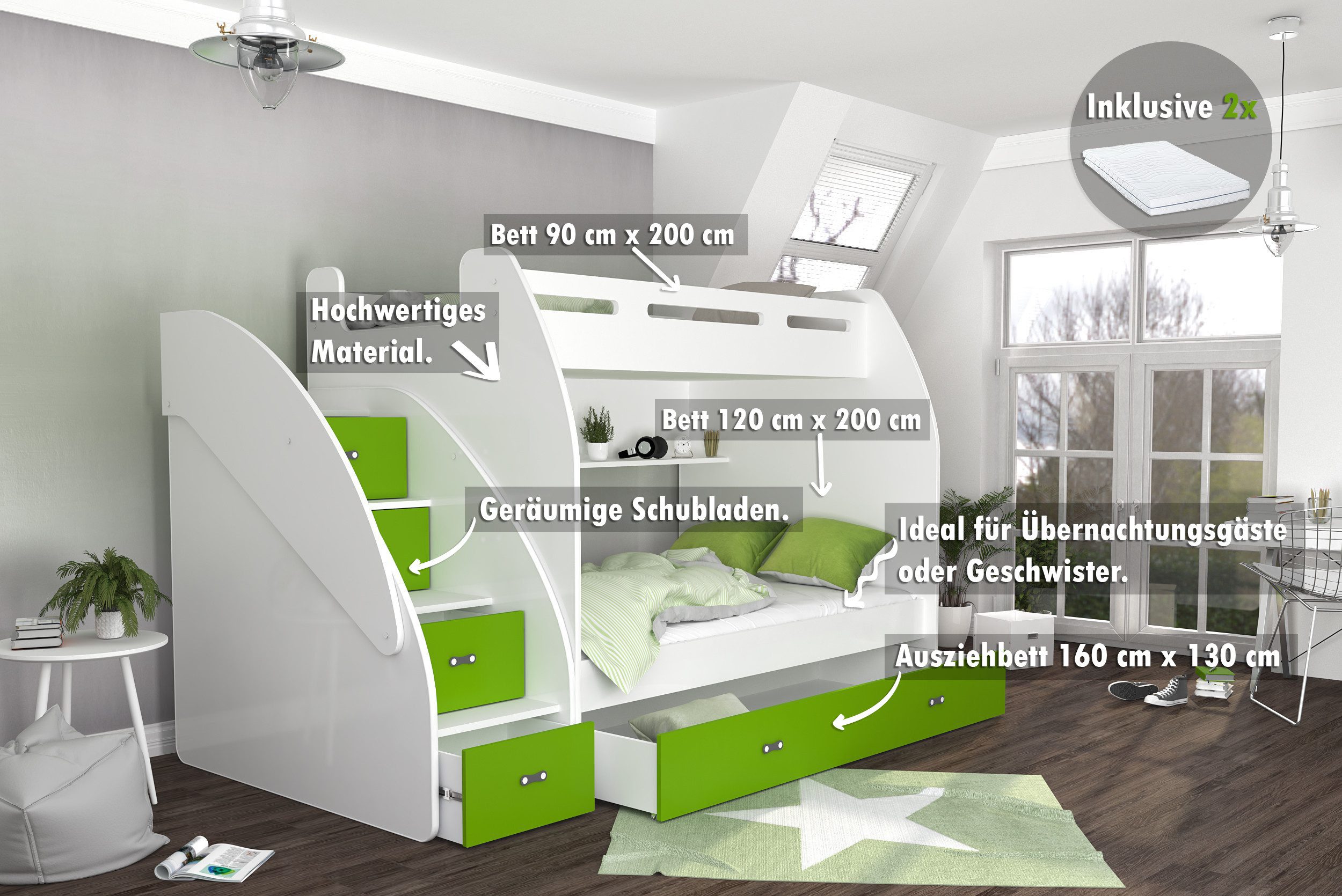 AJKmeble Hochbett Etagenbett 90x200 / 120x200cm günstig online kaufen