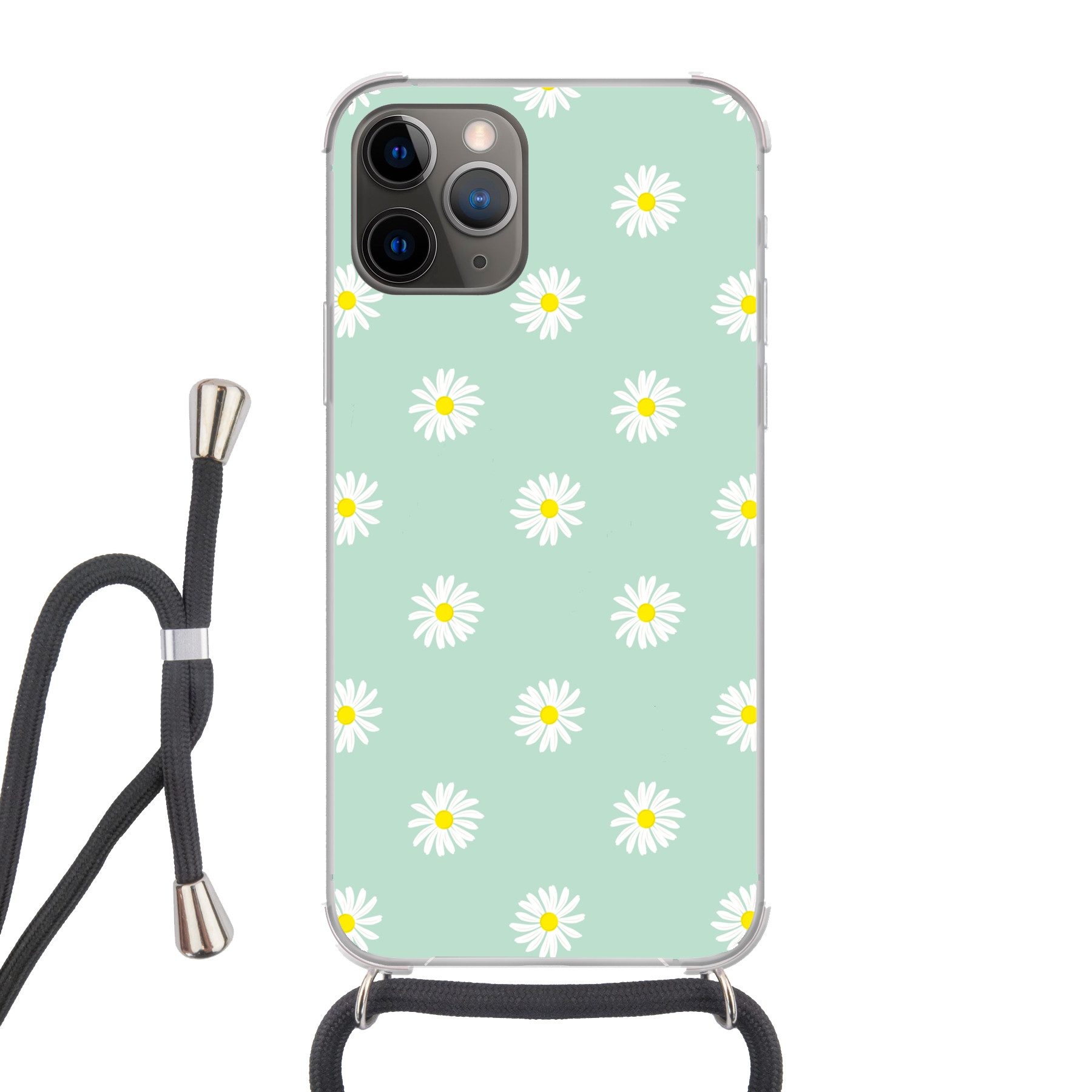 MuchoWow Handyhülle für Apple iPhone 13 Pro Gänseblümchen - Pastell - Weiß - Grün - Floral, Tragbare Handyhüllen mit Kette zum umhängen, Handykette Handyband