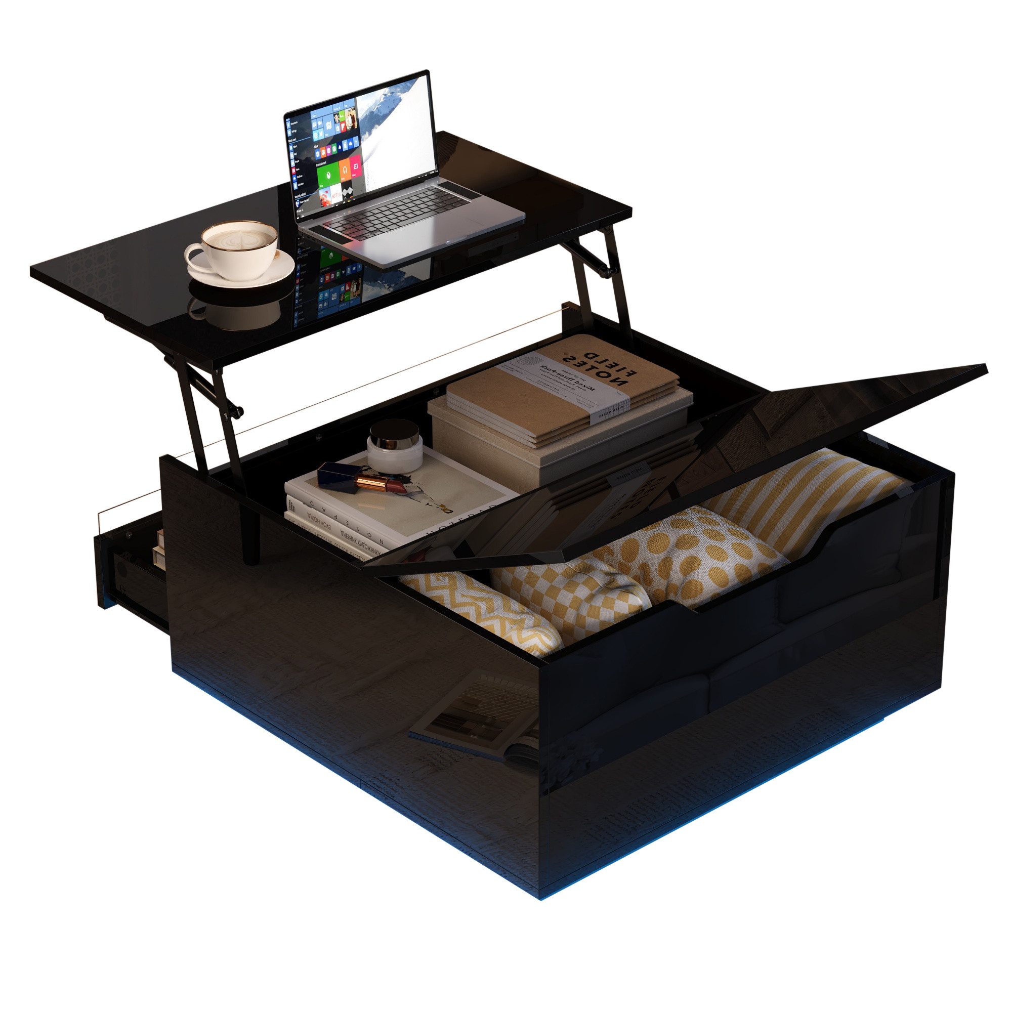 Merax Couchtisch Hochglanz Sofatisch mit Hebefunktion und LED-Acryllicht (Anhebbarer Wohnzimmertisch Kaffeetisch, 1-St., 70x70x38cm), Beistelltisch mit Schublade,verstecktem Stauraum,klappbare Tischplatte
