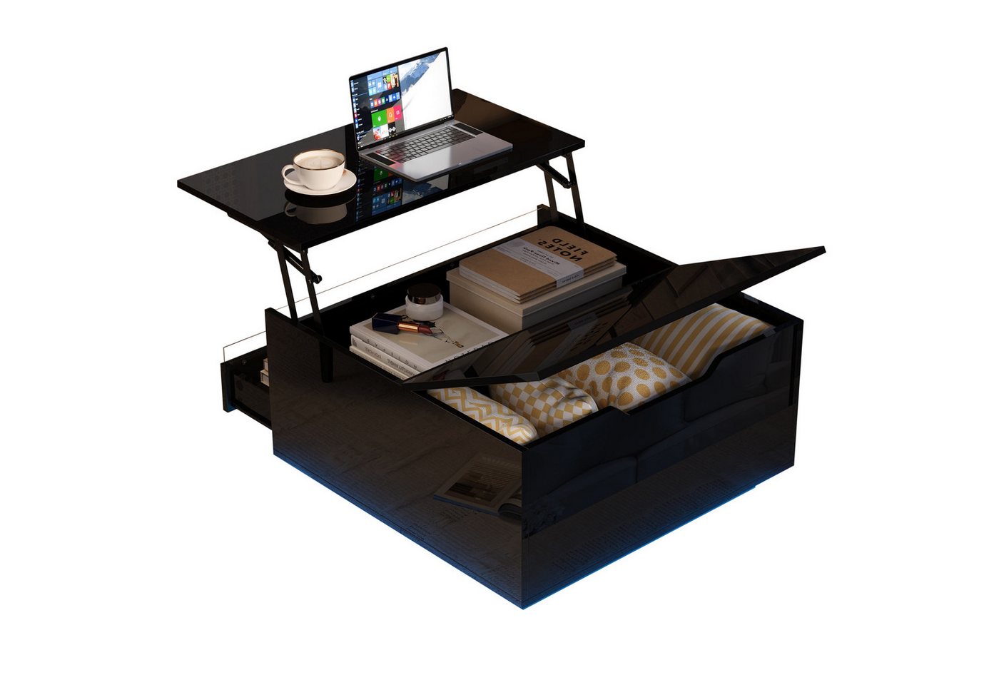 Merax Couchtisch Hochglanz Sofatisch mit Hebefunktion und LED-Acryllicht (Anhebbarer Wohnzimmertisch Kaffeetisch, 1-St., 70x70x38cm), Beistelltisch mit Schublade,verstecktem Stauraum,klappbare Tischplatte
