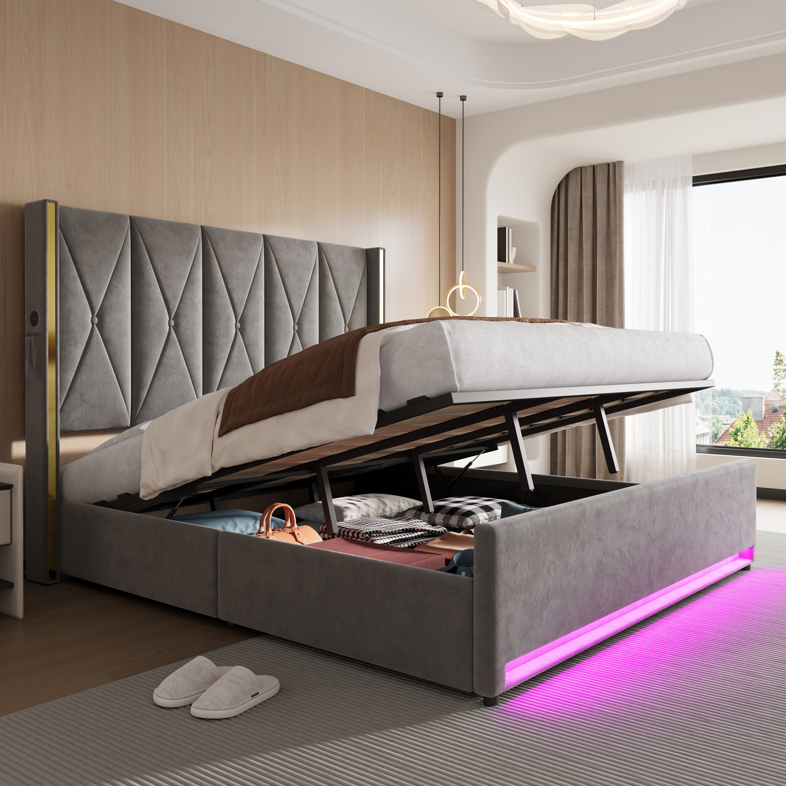 TavilaEcon Boxspringbett Veloursbett mit hohem Kopfteil, Seitentaschen & USB (1-St), mit hydraulischem Hebelsystem & großem Unterbett-Stauraum, grau/beige