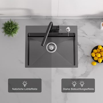 AuraLum pro Küchenspüle Edelstahl Einbauspüle Küchen Spülbecken 55x45cm mit Küchenarmatur, Ausziehbar Wasserhahn mit 2 Strahlarten