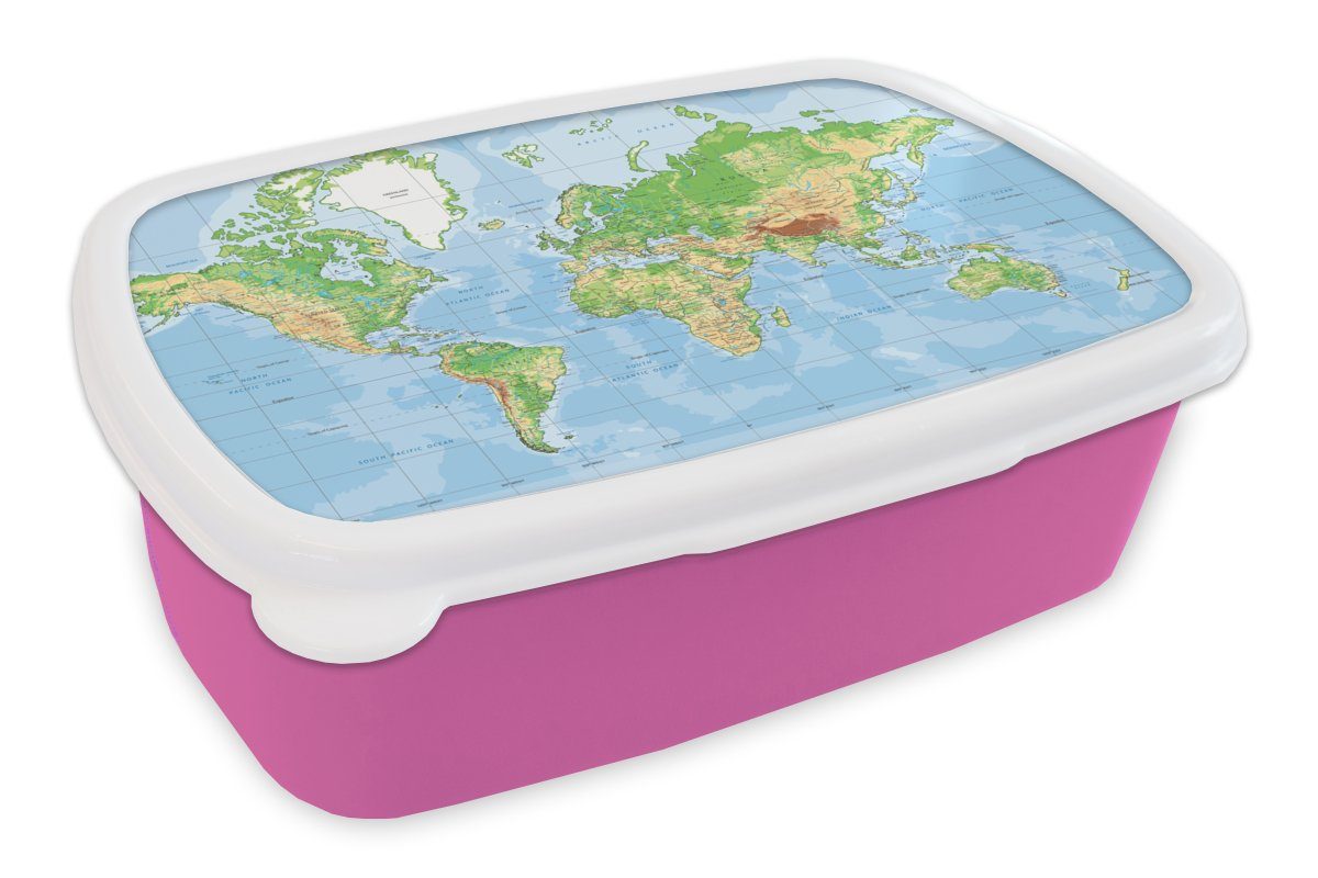 MuchoWow Lunchbox Weltkarte - Atlas - Topographie, Kunststoff, (2-tlg), Brotbox für Erwachsene, Brotdose Kinder, Snackbox, Mädchen, Kunststoff rosa