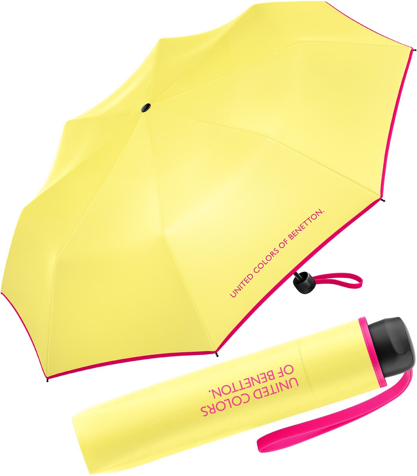 Super United Modefarben - hellgelb-pink Mini Taschenregenschirm limelight, leuchtende kontrastreichem of 2023 mit Colors FS Saum Benetton
