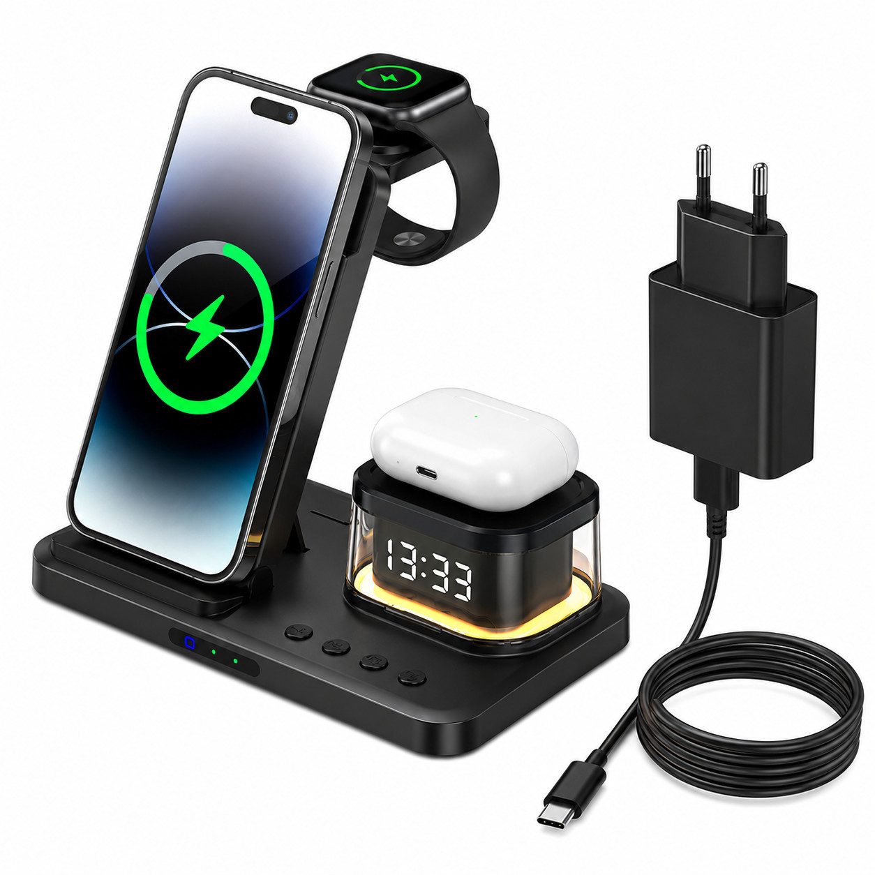 ibettertec 5-in-1 Kabellose Ladestation mit Uhr und Nachtlicht Ladestation (15W Schnellladegerät für iPhone, Apple Watch und AirPods, faltbar, kompatibel mit Samsung Galaxy)