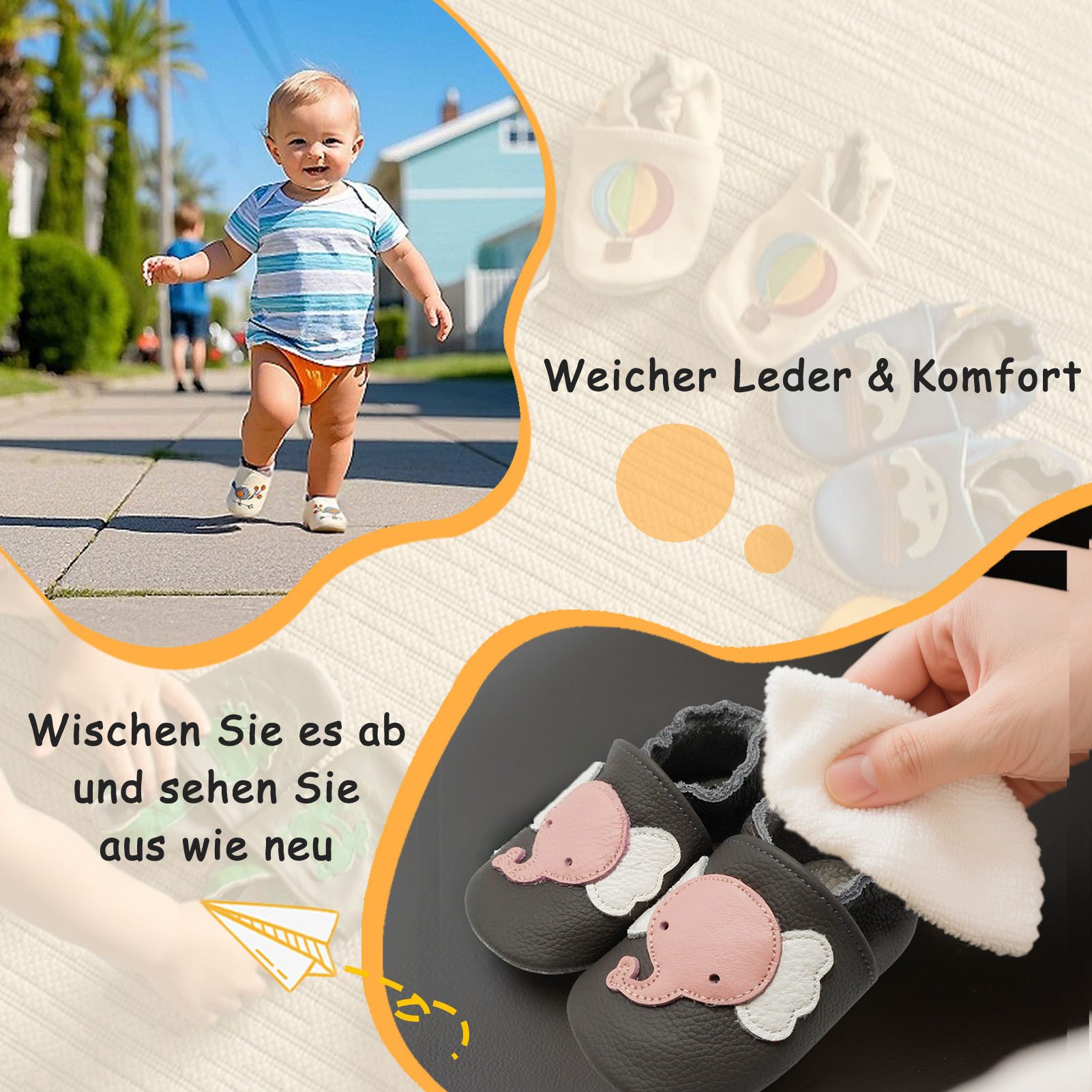 Yalion Weiche Leder Lauflernschuhe Hausschuhe Lederpuschen Elefant Grau Krabbelschuh