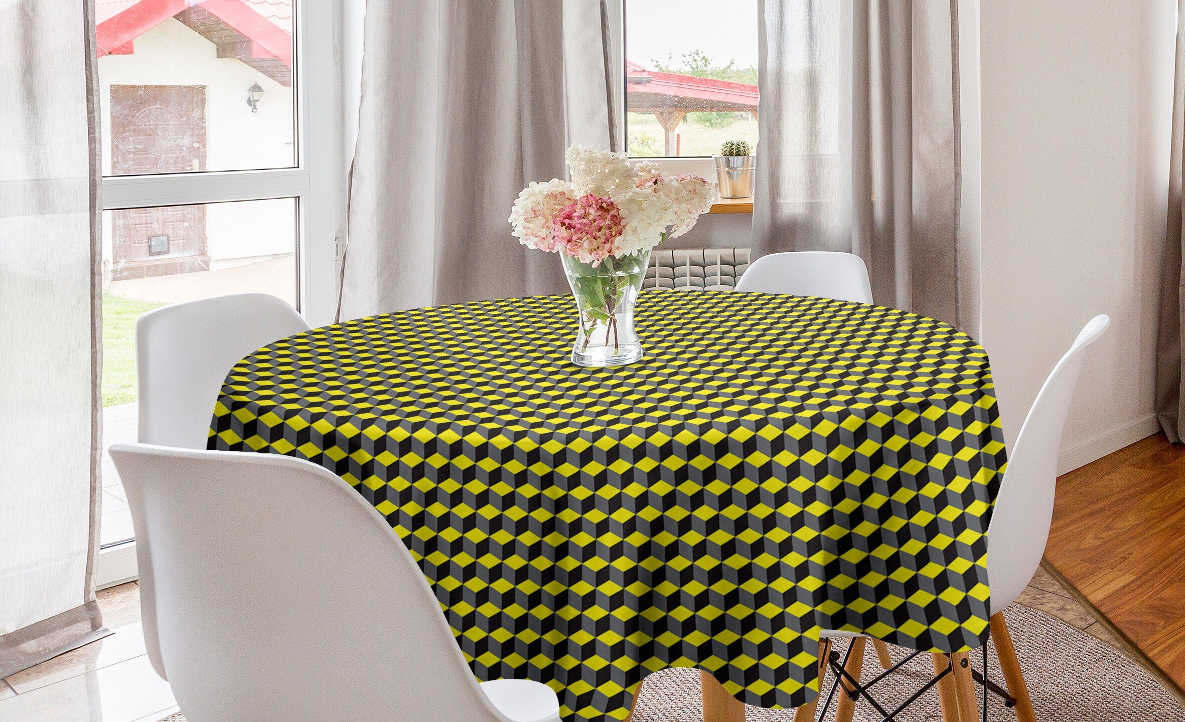 Abakuhaus Tischdecke Kreis Tischdecke Abdeckung für Esszimmer Küche Dekoration, grau Gelb Würfel Optische Täuschung