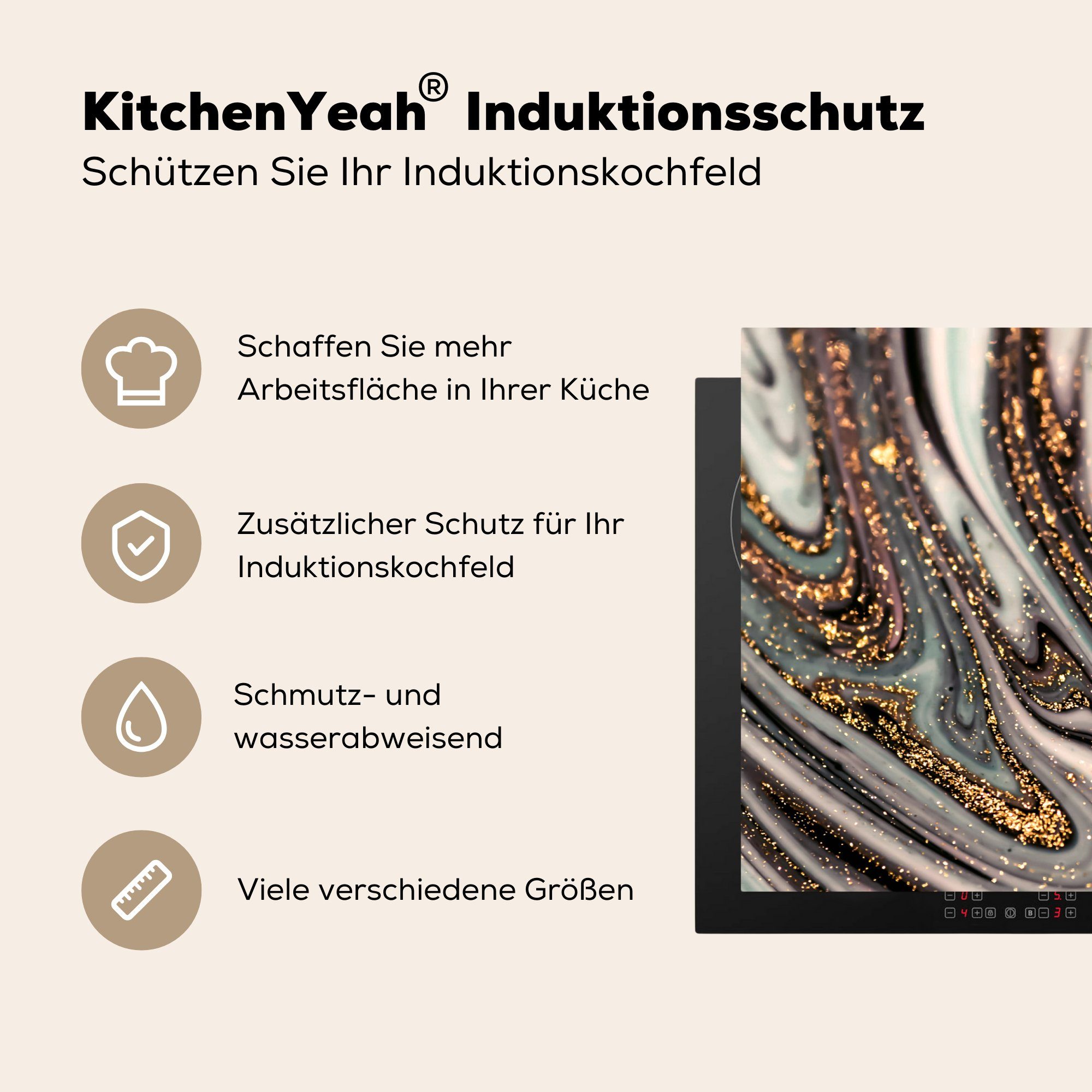 MuchoWow Herdblende-/Abdeckplatte Marmoroptik - - (1 Luxus für - Vinyl, tlg), küche, die Glitter Gold cm, 81x52 Marmor Schutz Weiß, - Induktionskochfeld - Ceranfeldabdeckung
