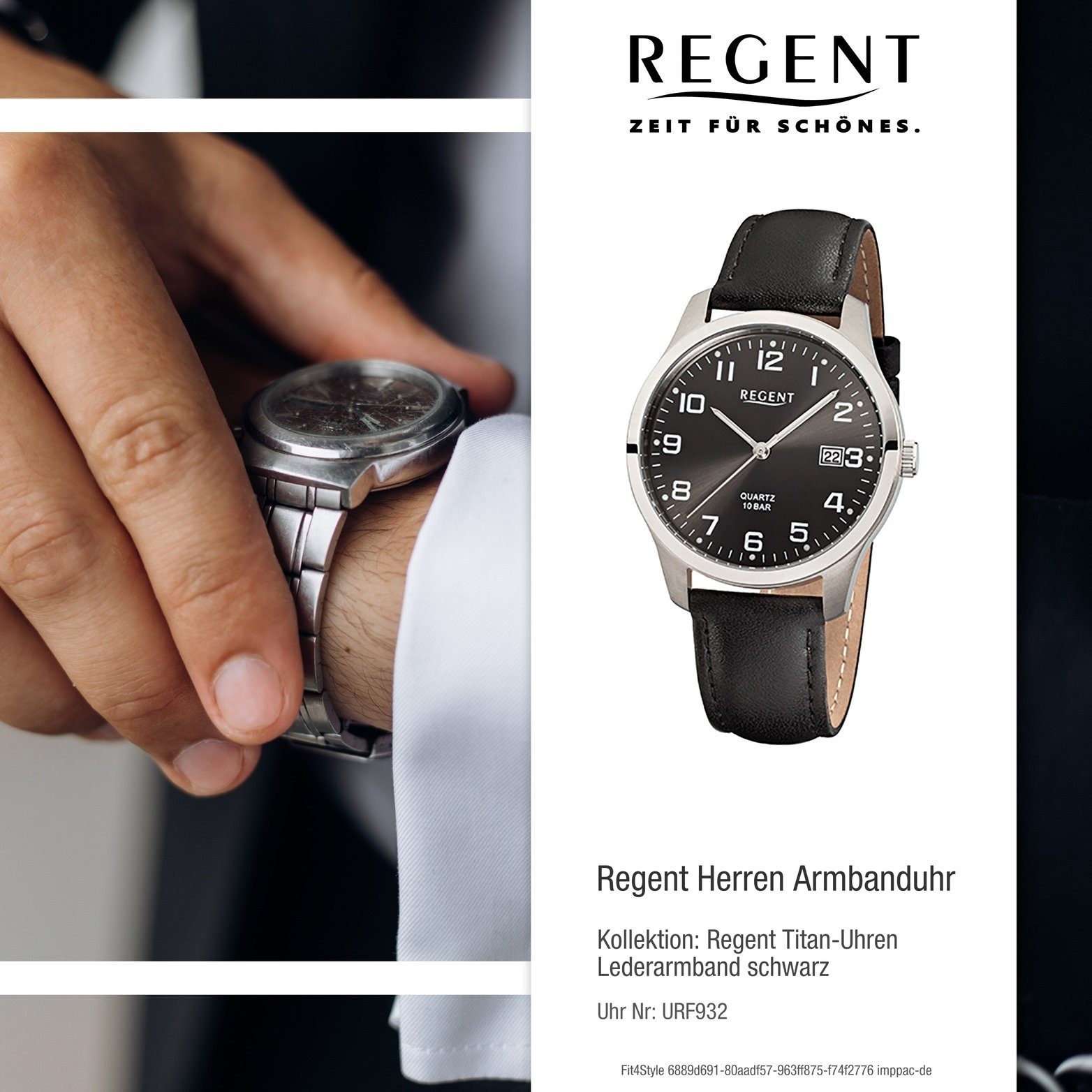 Regent Quarzuhr Regent Leder Herren Lederarmband, Gehäuse, F-932 rundes Elegant Herrenuhr mittel Uhr mit Quarzuhr, (ca. 37mm)