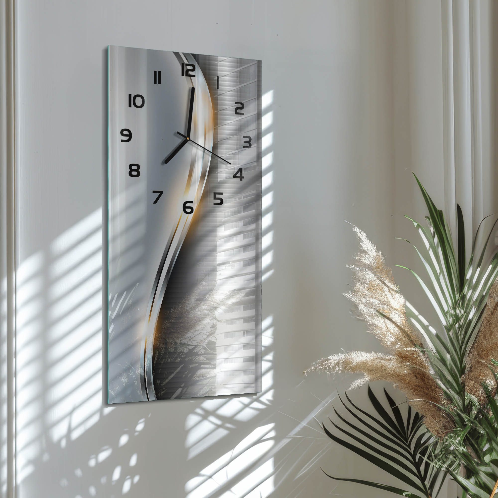 Tulup Wanduhr Silberne Welle Moderne Küche Stille Glasuhr 30 cm x 60 cm (Analog, Stille Uhr)