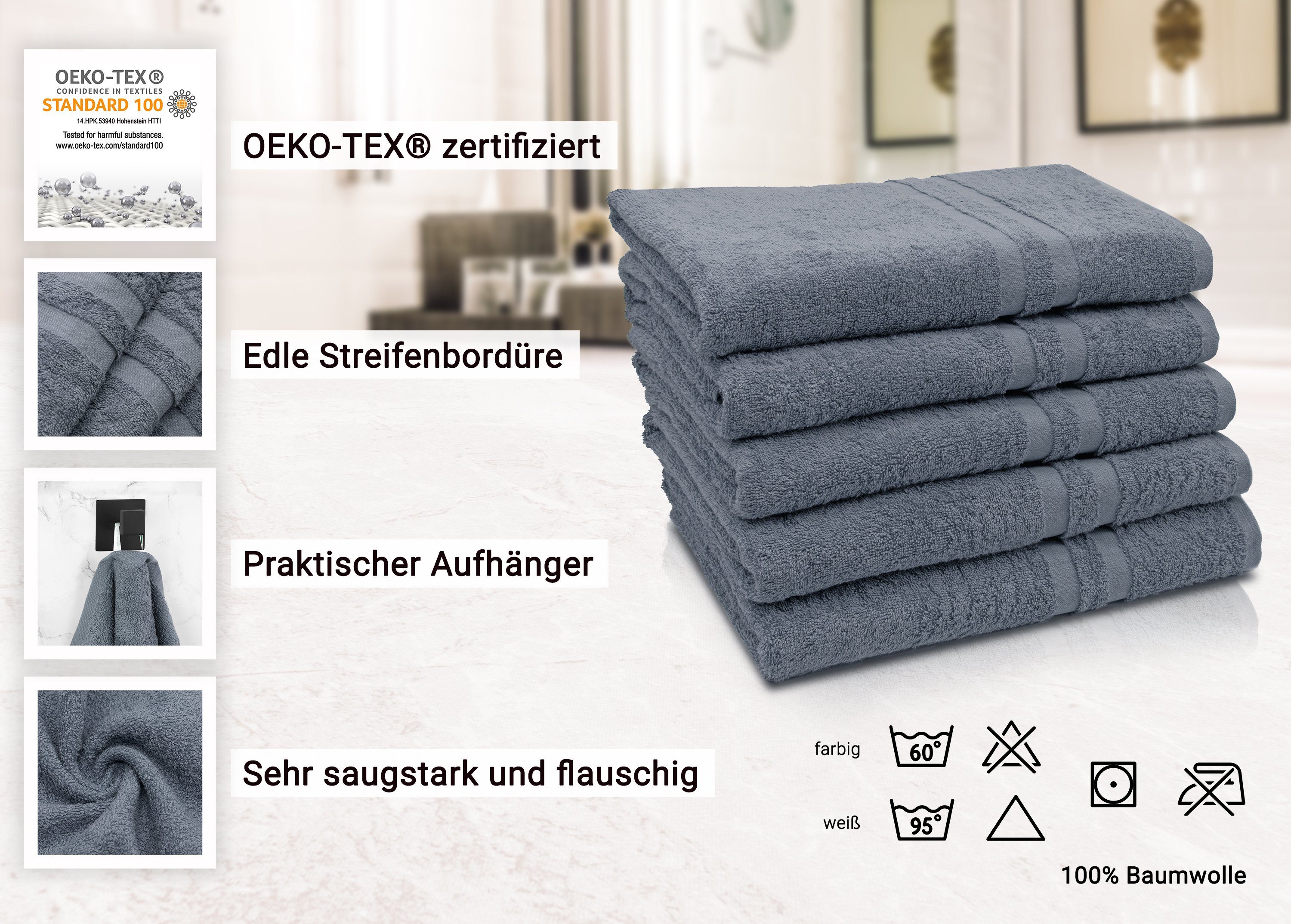 Duschtücher, grau Walkfrottier x 70 cm, Baumwolle, 140 ZOLLNER vom (5-St), Hotelwäschespezialisten 100%