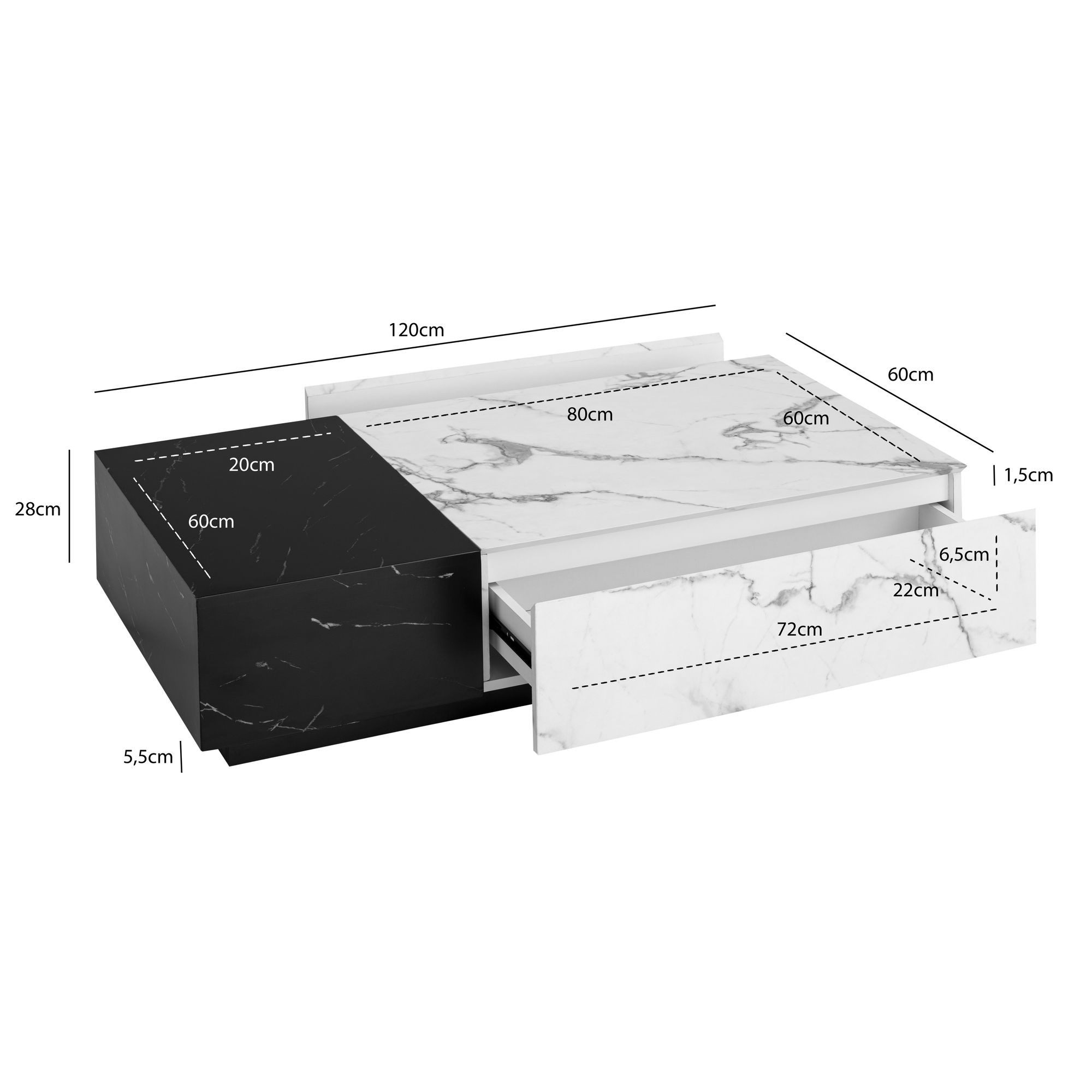 FINEBUY Couchtisch FB107248 Sofatisch Weiß 120 cm Marmoroptik Wohnzimmertisch Schublade (Kaffeetisch mit Schublade, Sofatisch Weiß Modern), Wohnzimmertisch Marm – Bild 3 von 5