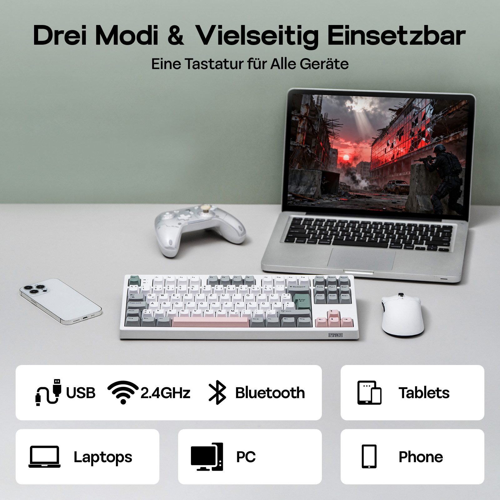 EPOMAKER TH87 Mechanische Tastatur Kabellos, TKL Gaming Tastatur (Hot Swap Custom, RGB, Gasket für PC/Mac, Deutsches Layout)