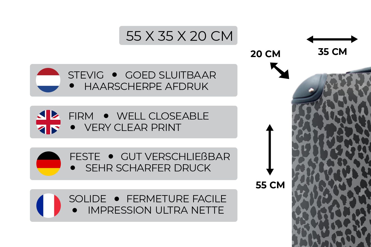 MuchoWow Handgepäckkoffer Leopardenmuster - Design - Grau, 4 Rollen, Reisetasche mit rollen, Handgepäck für Ferien, Trolley, Reisekoffer