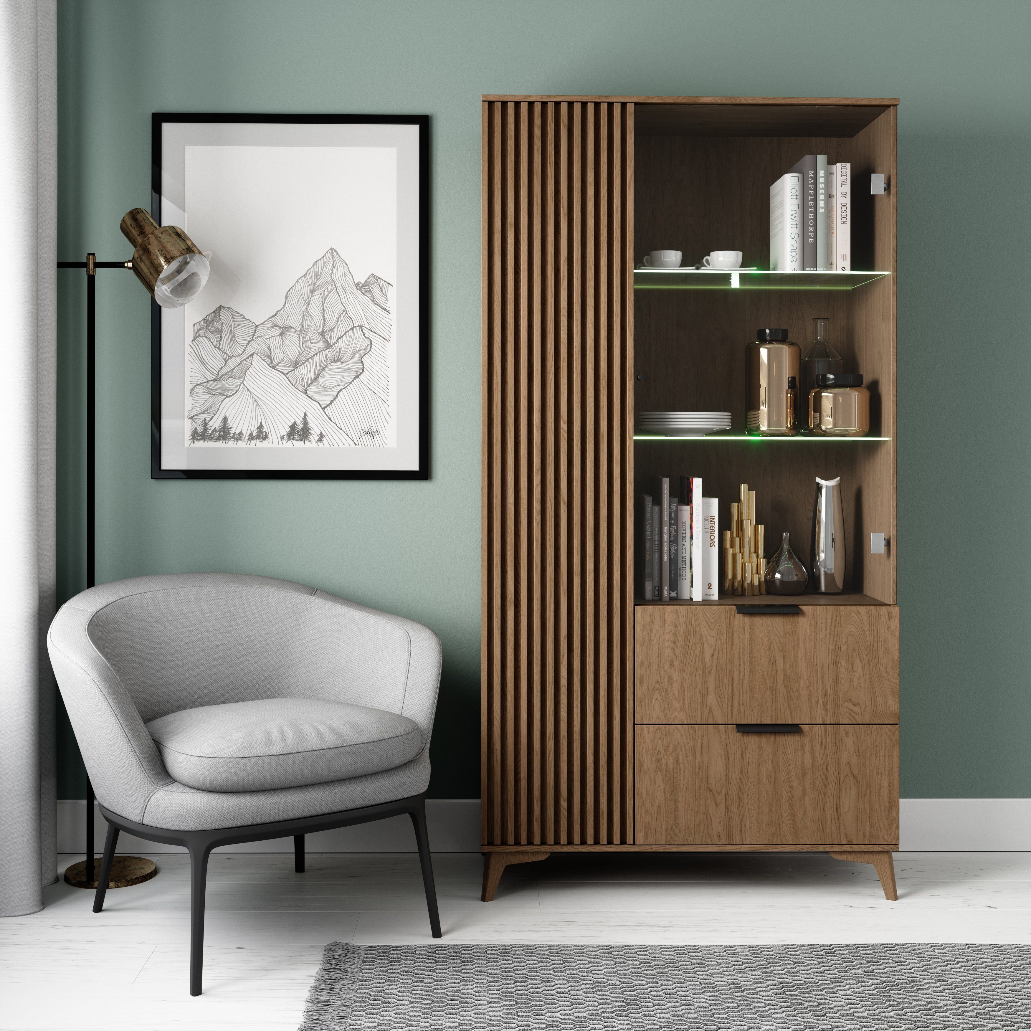 MOEBLO Vitrine Entia (Schrank Glasvitrine Einlegeböden Dekoration, Eiche ar günstig online kaufen