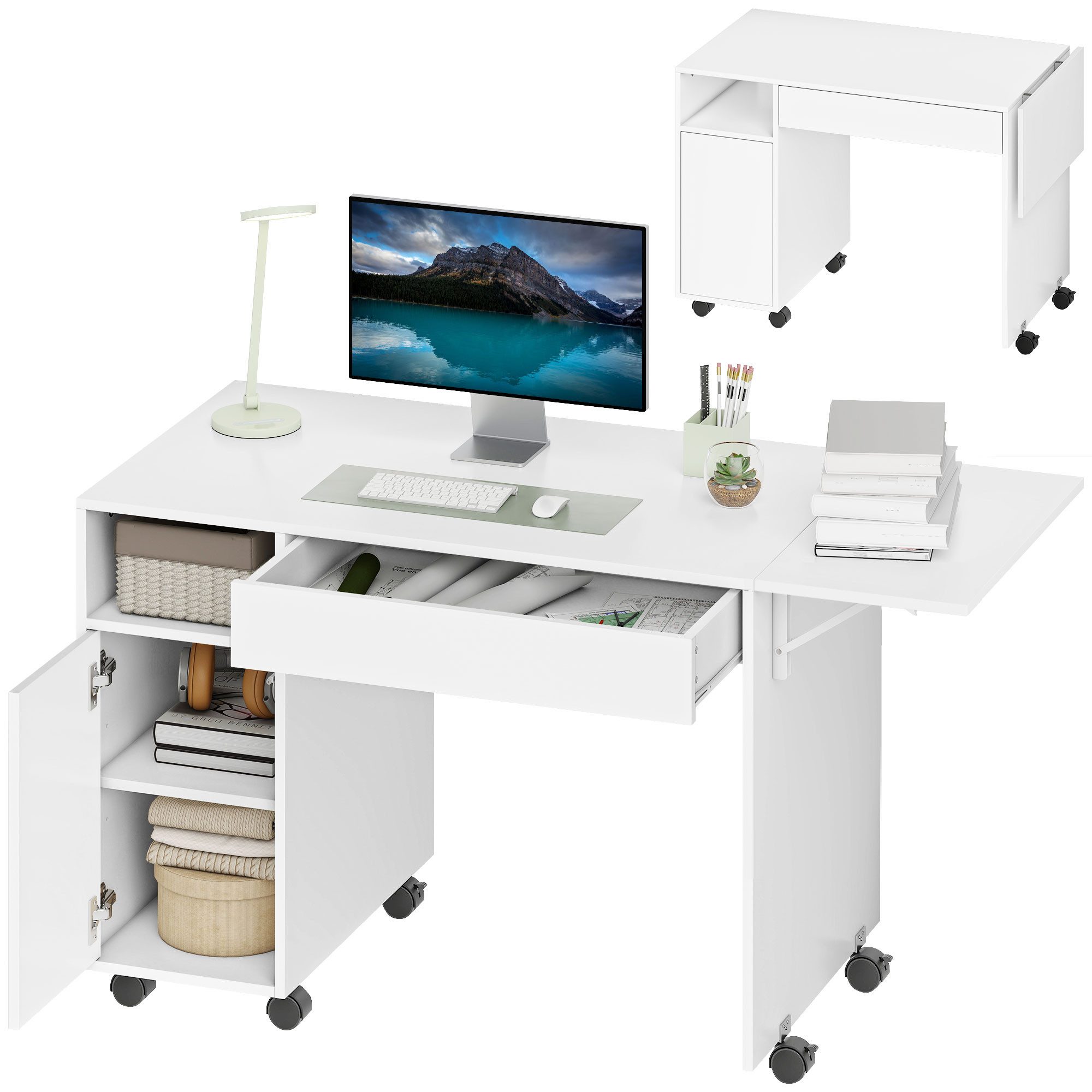 HOMCOM Schreibtisch Aufbewahrungstasche (Klappschreibtisch, 1-St., Platzsparend Computertisch), für Arbeitszimmer, Wohnzimmer, Weiß