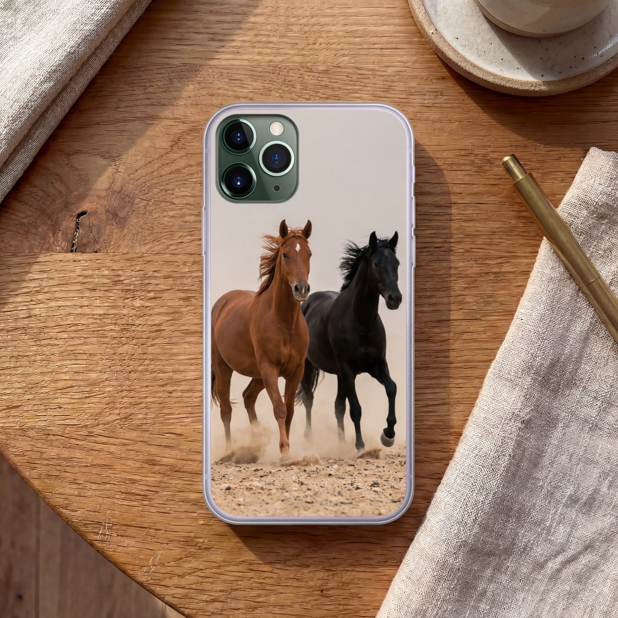 MuchoWow Handyhülle für Apple iPhone 11 Pro Pferdeherde - Staubwolke - Braun - Schwarz, Smartphone-Bumper, Print, Handy Schutzhülle Dünn