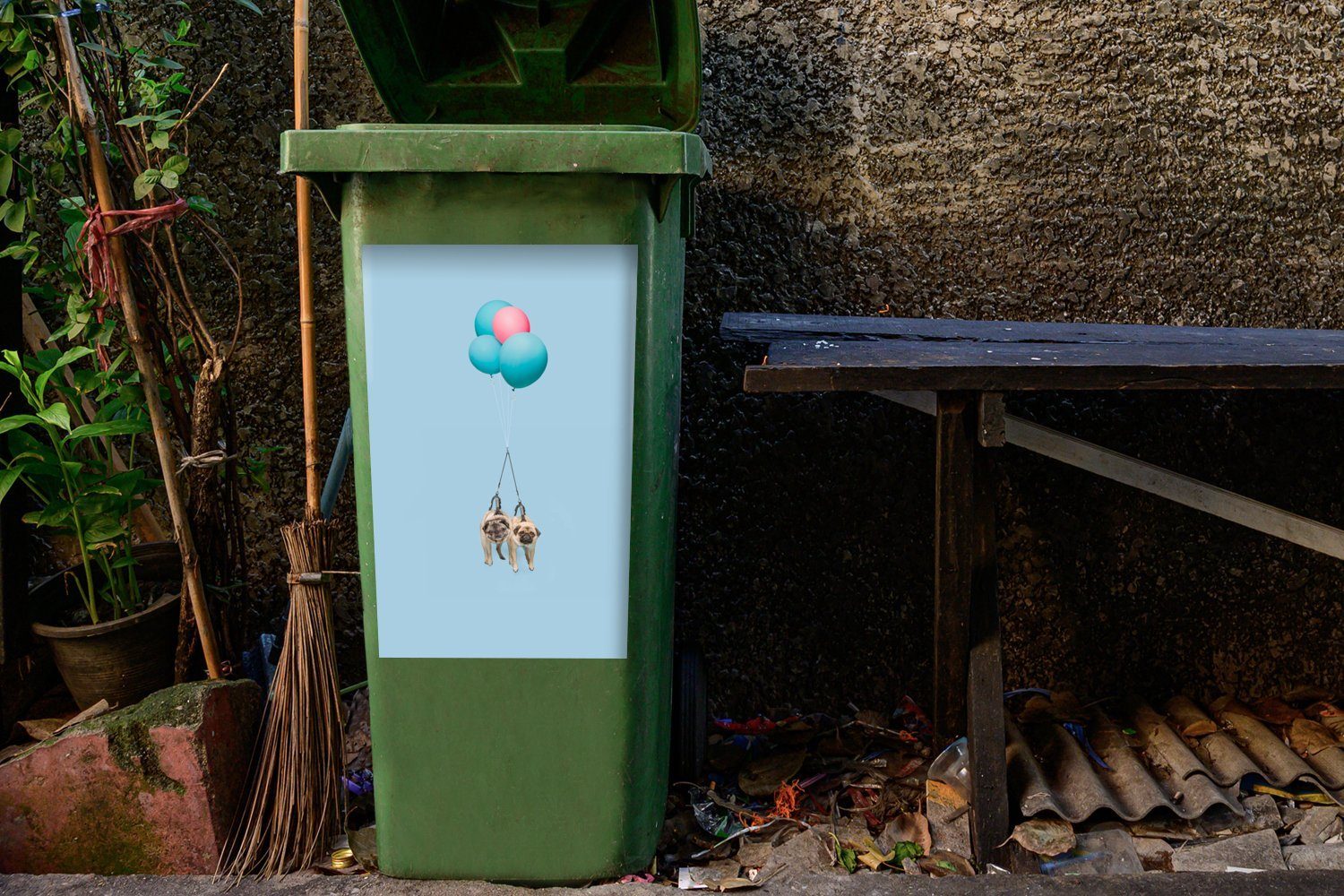 auf Mülleimer-aufkleber, Mülltonne, Container, St), Luftballons blauen rosa MuchoWow (1 Möpse und Wandsticker Abfalbehälter Zwei Sticker,