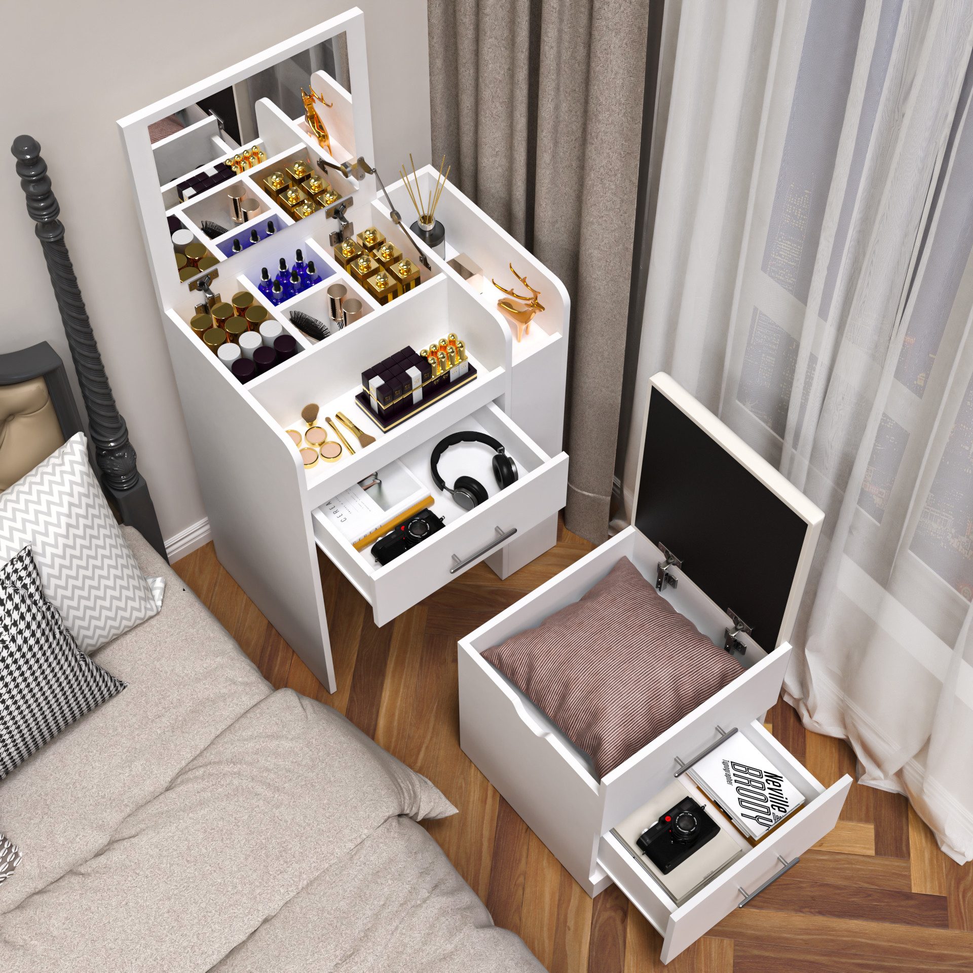 oyajia Schminktisch 3 in 1 Schminktisch mit Hocker, Klapp-Nachttisch, 5 Schubladen, Weiß (Aufklappbarer Spiegel Kosmetiktisch mit Schubladen, Fächern & Hocker), – Bild 3 von 5