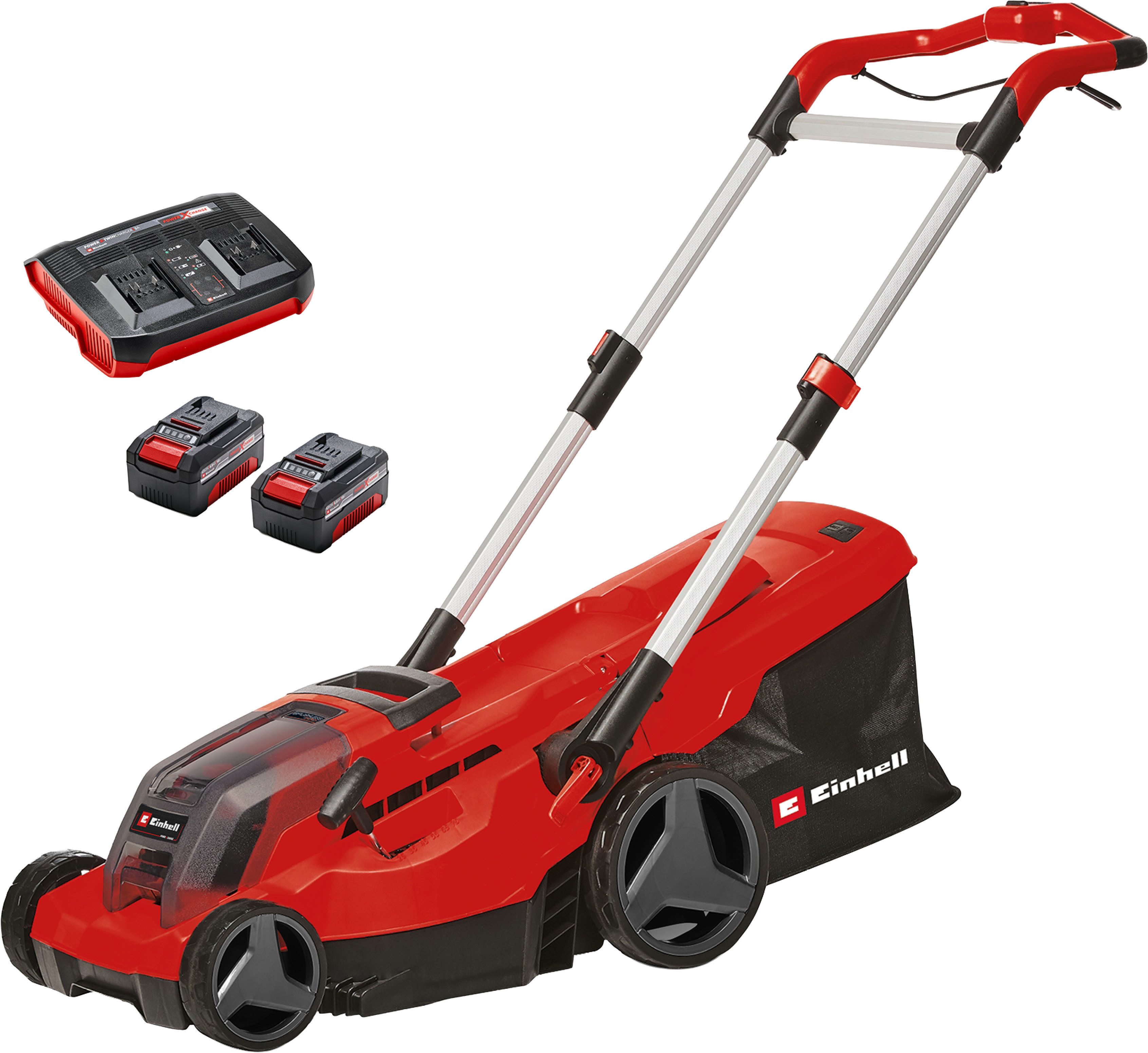 Einhell Akkurasenmäher GP-CM 36/450 (2x 4,0Ah), 38 cm Schnittbreite, 1x Akku-Rasenmäher, 2x 4,0 Ah Akku, Twincharger, Mulchkeil