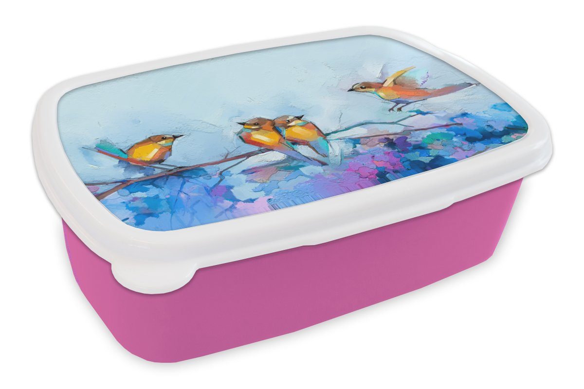 MuchoWow Lunchbox Gemälde - Ölfarbe - Vogel - Zweig, Kunststoff, (2-tlg), Brotbox für Erwachsene, Brotdose Kinder, Snackbox, Mädchen, Kunststoff rosa