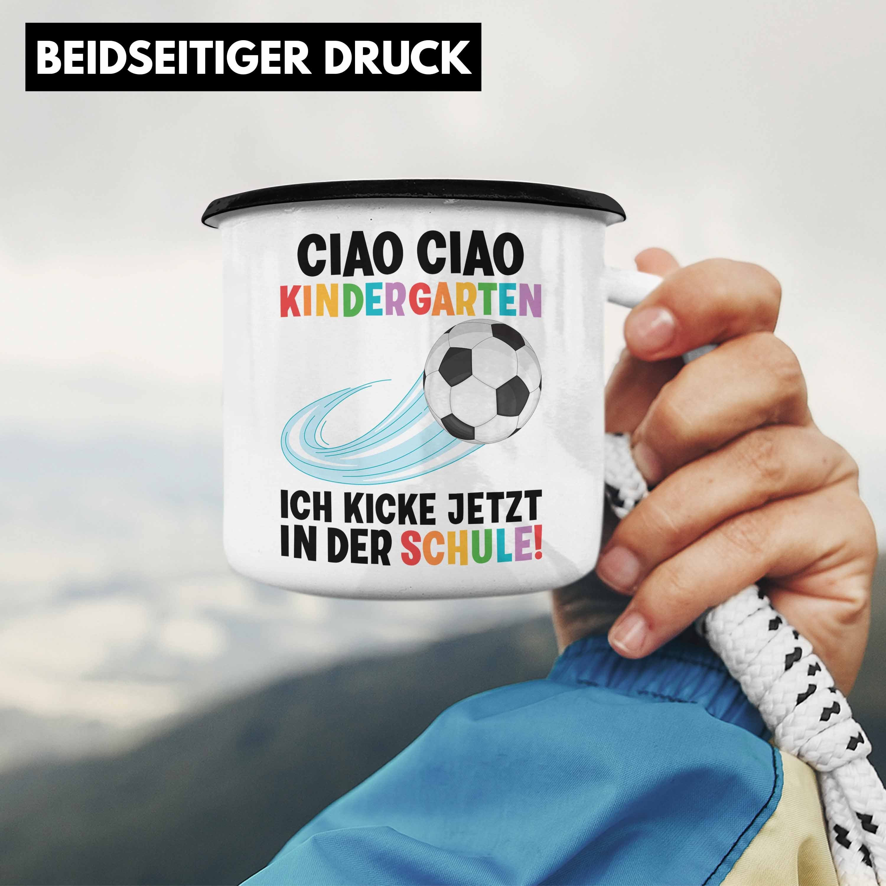 Tasse Junge Schulanfang Trendation 1. Geschenkidee Schultüte Fußball Schulstart Geschenk - Thermotasse Trendation Schulkind Schwarz Schuleinführung Schultag 2022 für Emaille Füllung Einschulung