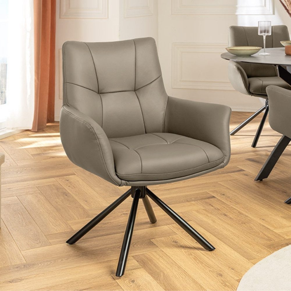 LebensWohnArt Stuhl Drehbarer 360° Echtleder Stuhl SIGN taupe Federkern mit Armlehne