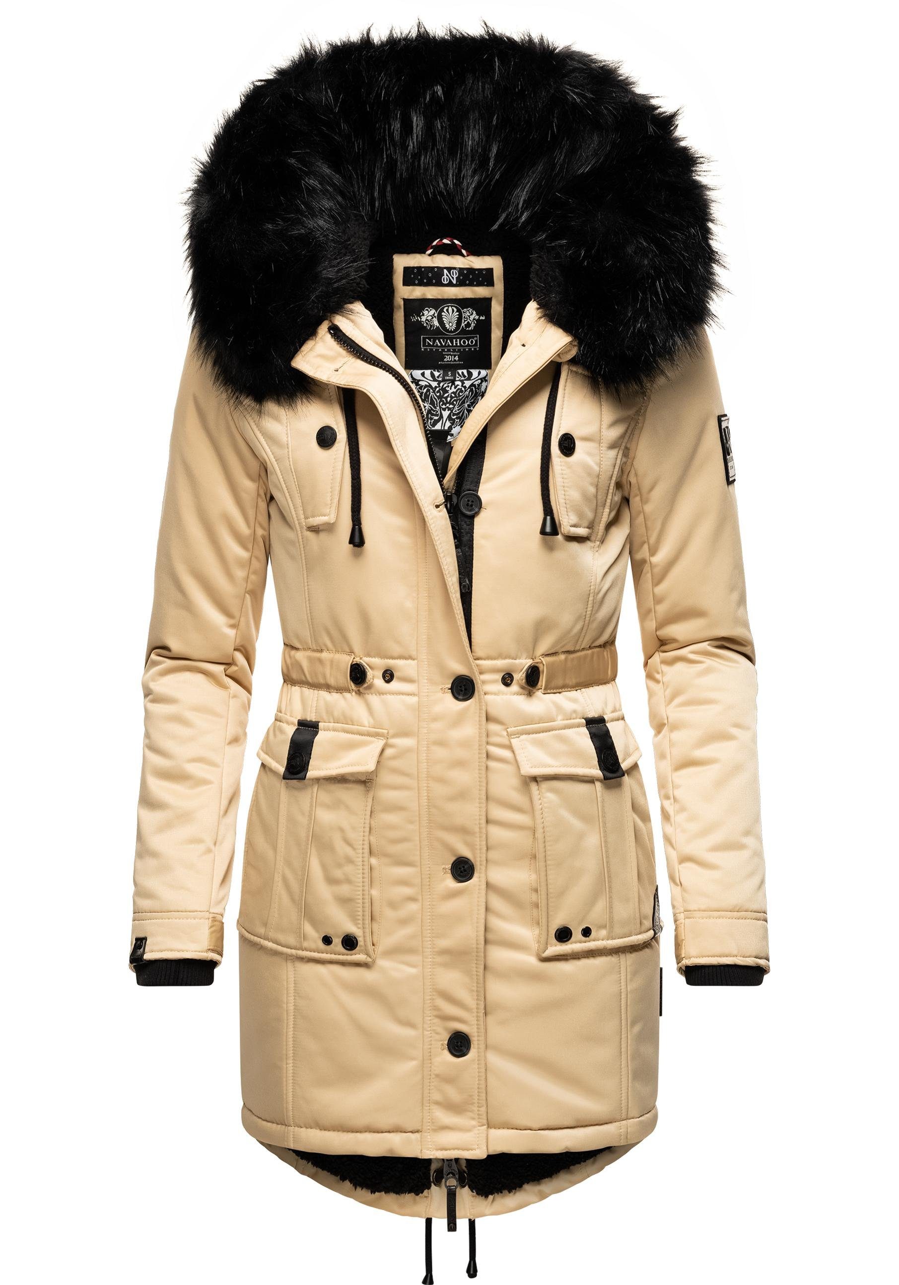 Navahoo Wintermantel Luluna Prc edler Parka mit großer Kunstfellkapuze beige