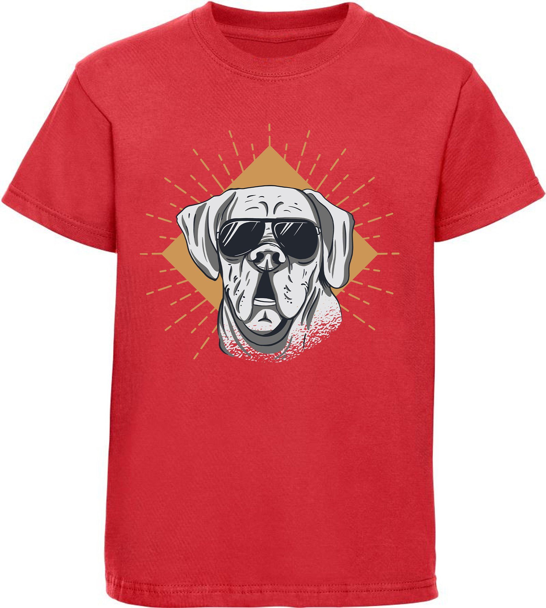MyDesign24 Print-Shirt bedrucktes Kinder Hunde T-Shirt - Cooler Hund mit Sonnenbrille Baumwollshirt mit Aufdruck, i224 rot