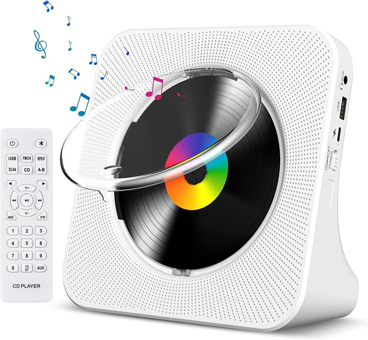 AKKEE Tragbarer CD-Player mit Bluetooth Desktop für zu Hause CD-Player (FM-Radio,unterstützt AUX/USB, mit Fernbedienung, USB-Anschluss, LCD-Display für Geschenk,Zuhause)