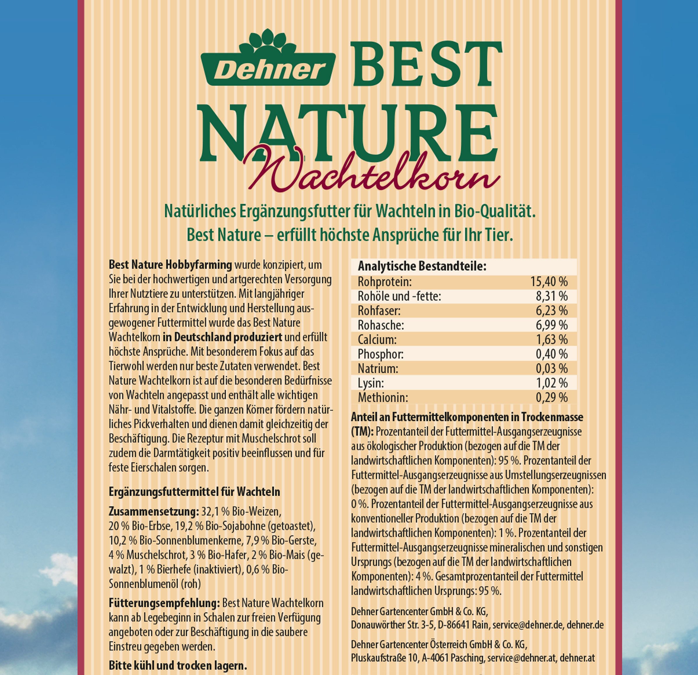 Dehner Best Nature Bio Wachtelkorn, 10 kg, für: Wachtel, Ergänzungsfutter für Geflügel, ganze Körner