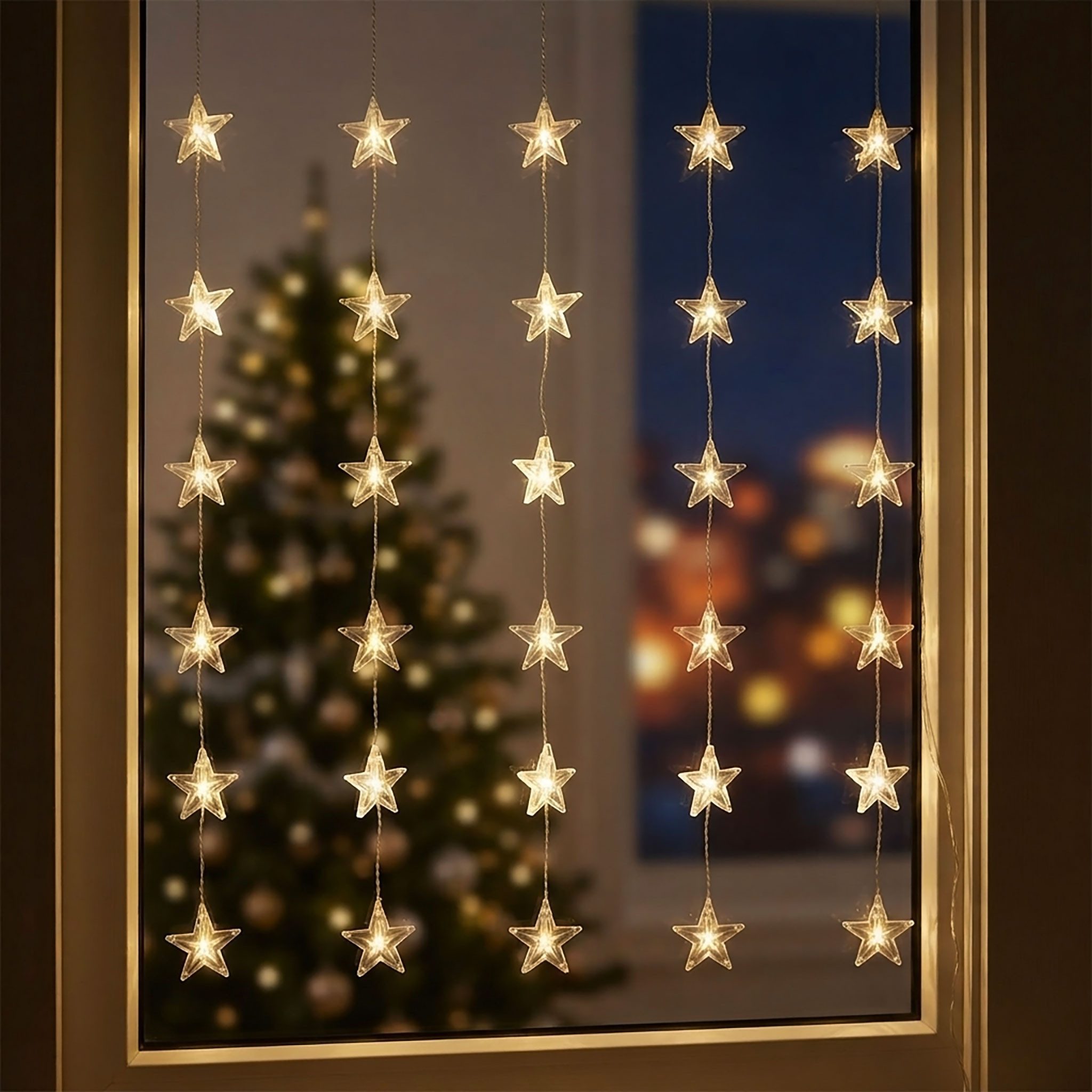 Spetebo LED-Lichtervorhang Sternen Lichtervorhang 30 LED warm weiß - 100 cm, 30-flammig, Weihnachten Fenster Deko Lichterkette Indoor - Netzstecker inklusive