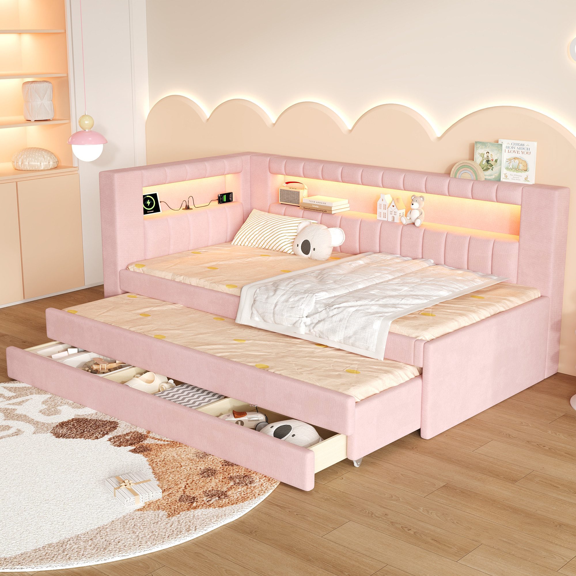 Flieks Daybett, Polsterbett 90x200cm mit Ausziehbett 90x190cm, Schubladen, USB & LED